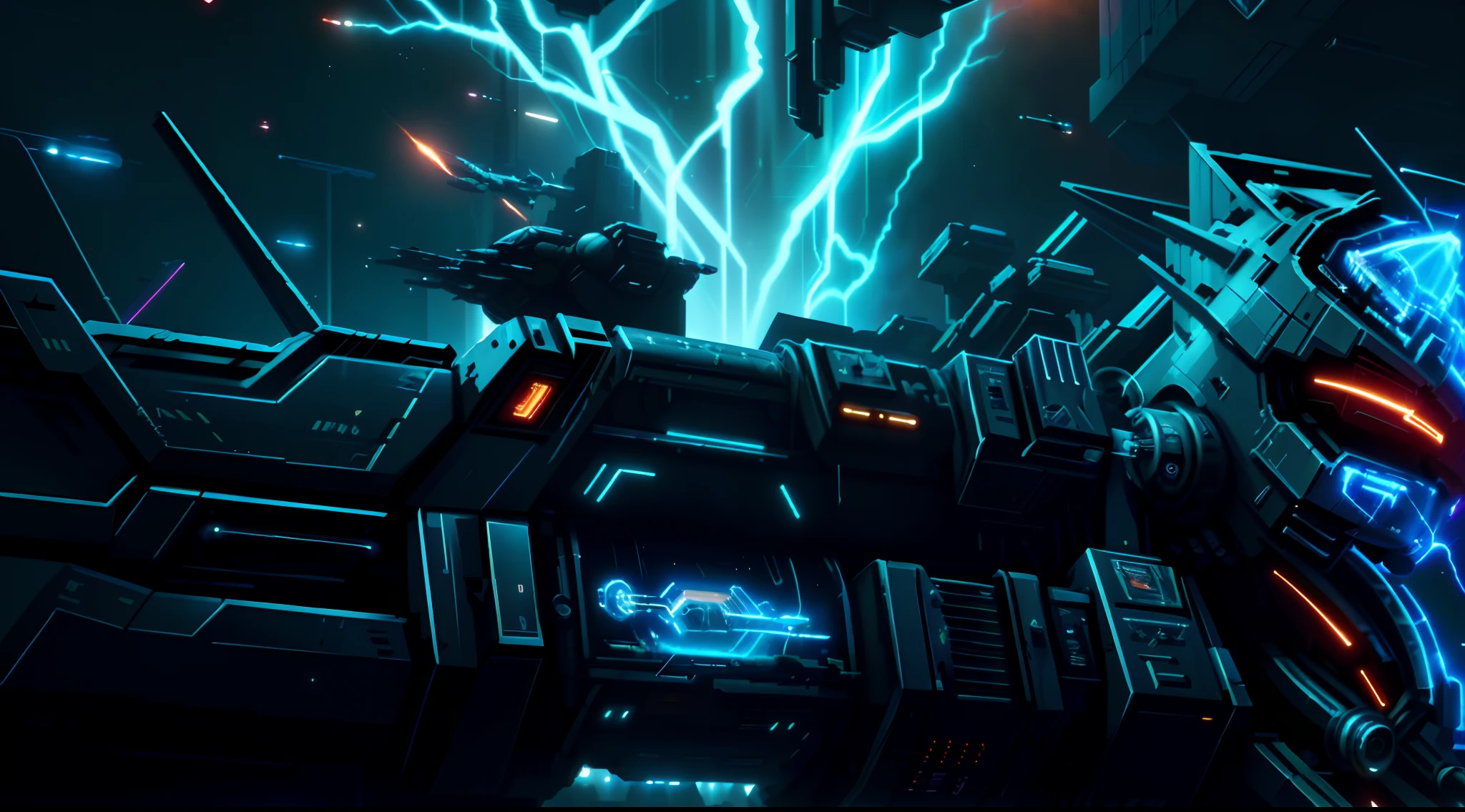 cinematic ligh，Close-up of futuristic spaceship with lightning effect, sci-fi space game art, Background cyberpunk spaceship, scifi illustration, science fiction digital painting, scifi illustration, scifi illustration, Science-fi digital art illustration, author：Christopher Balaskas, fractal thunder dan mumford, Future science fiction. Game CG, sci-fi illustrations，8K，