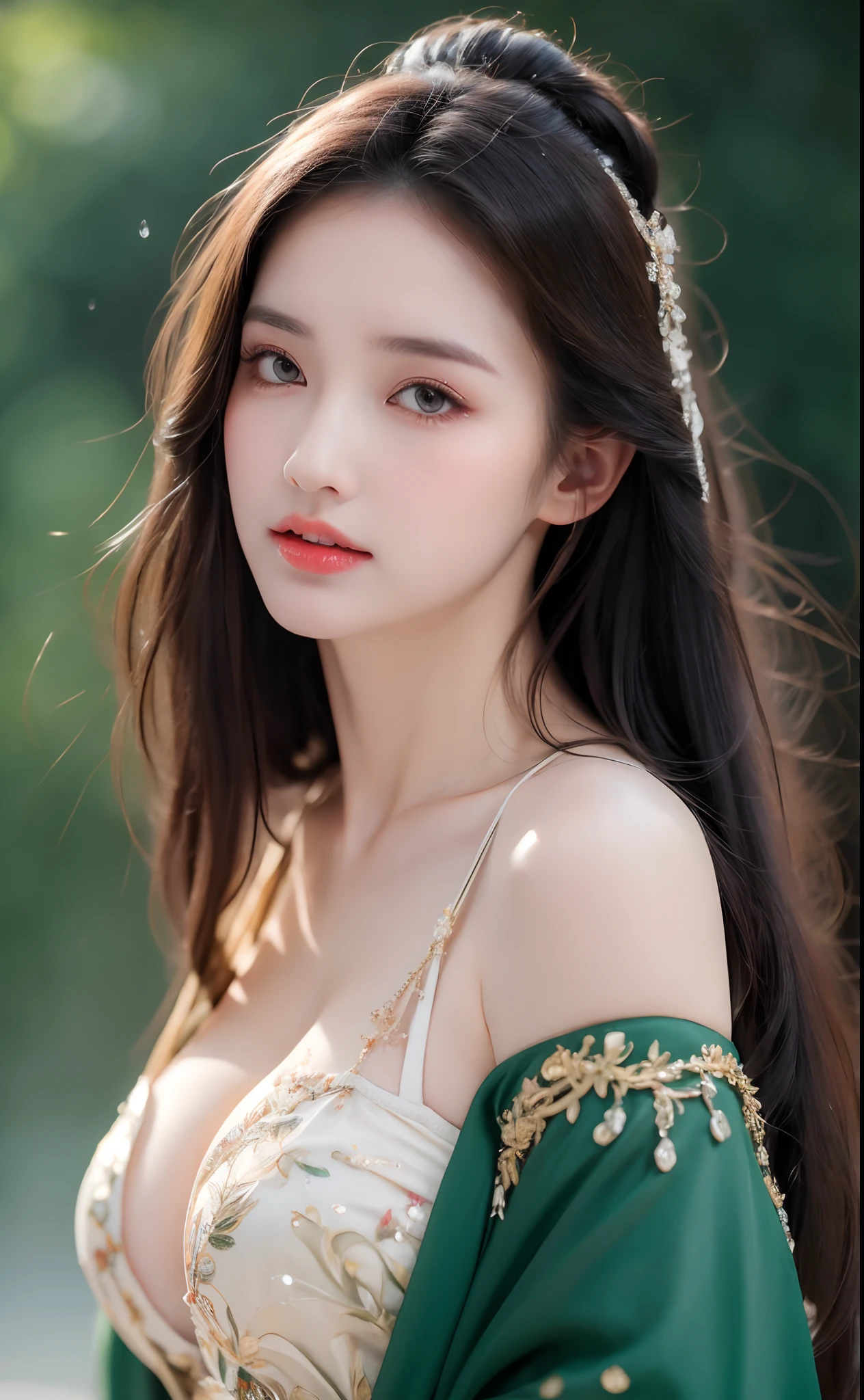 ((Best Quality, 8k, Masterpiece: 1.3)), Focus: 1.2, Perfect Body Beauty: 1.4, Buttocks: 1.2, ((Layered Haircut)), (Wet Clothes: 1.1), (Rain, Street:1.3), (Breasts: 1.2), (Hanfu: 1.2), Bare Shoulders, Bare Legs, Highly Detailed Face and Skin Texture, Fine Eyes, Double Eyelids, Whitened Skin, Long Hair, (Shut Up: 1.5), (Bokeh Background: 1.5), Big Breasts