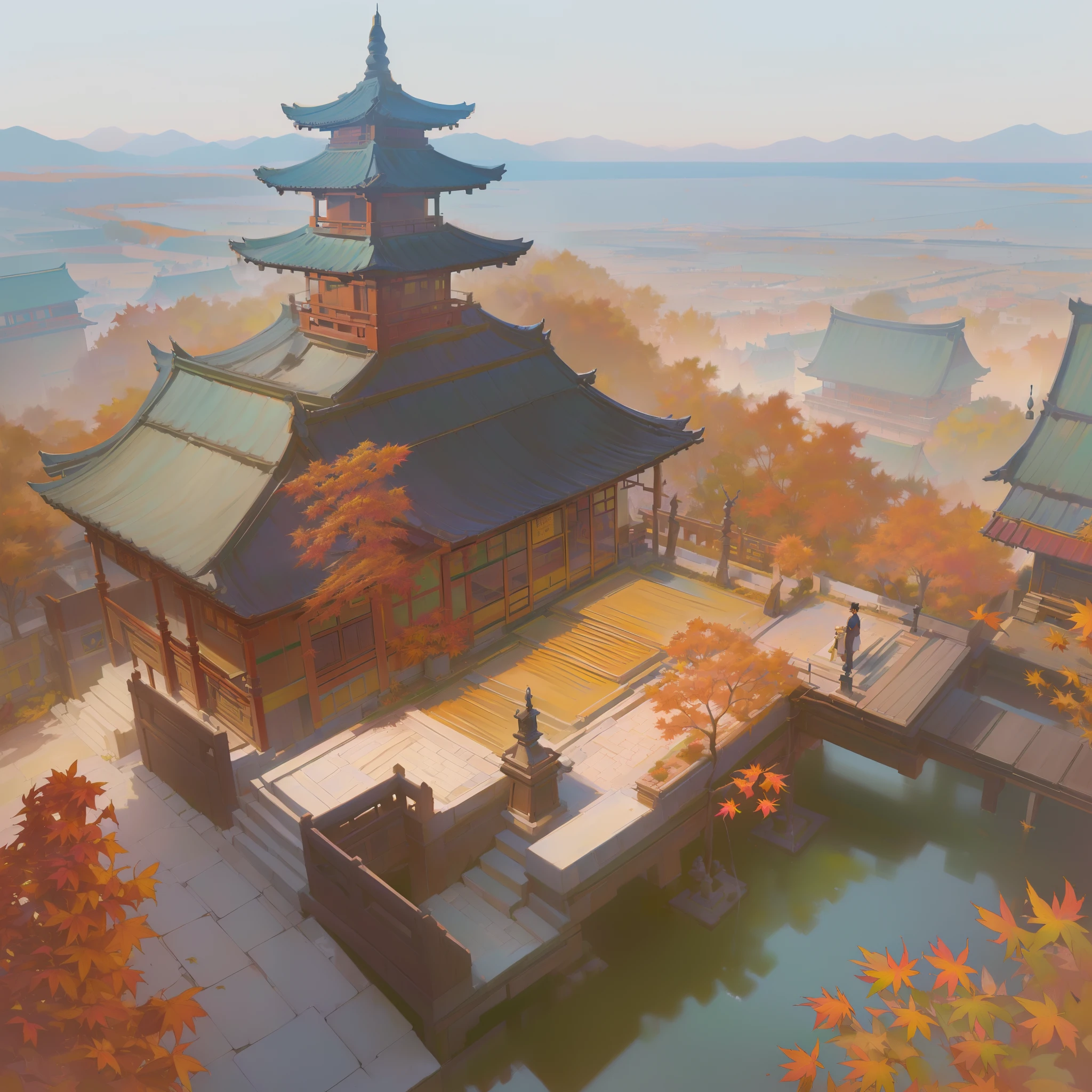 In autumn, in the ginkgo forest, there is a quaint temple in Chinese style, the beam shines down, high-quality painting, depicting the old temple, an expressive landscape painting, stylized painting, clear lake, heaven, big clouds, blue sky, HD details, hyper-detail, movies, surrealism,