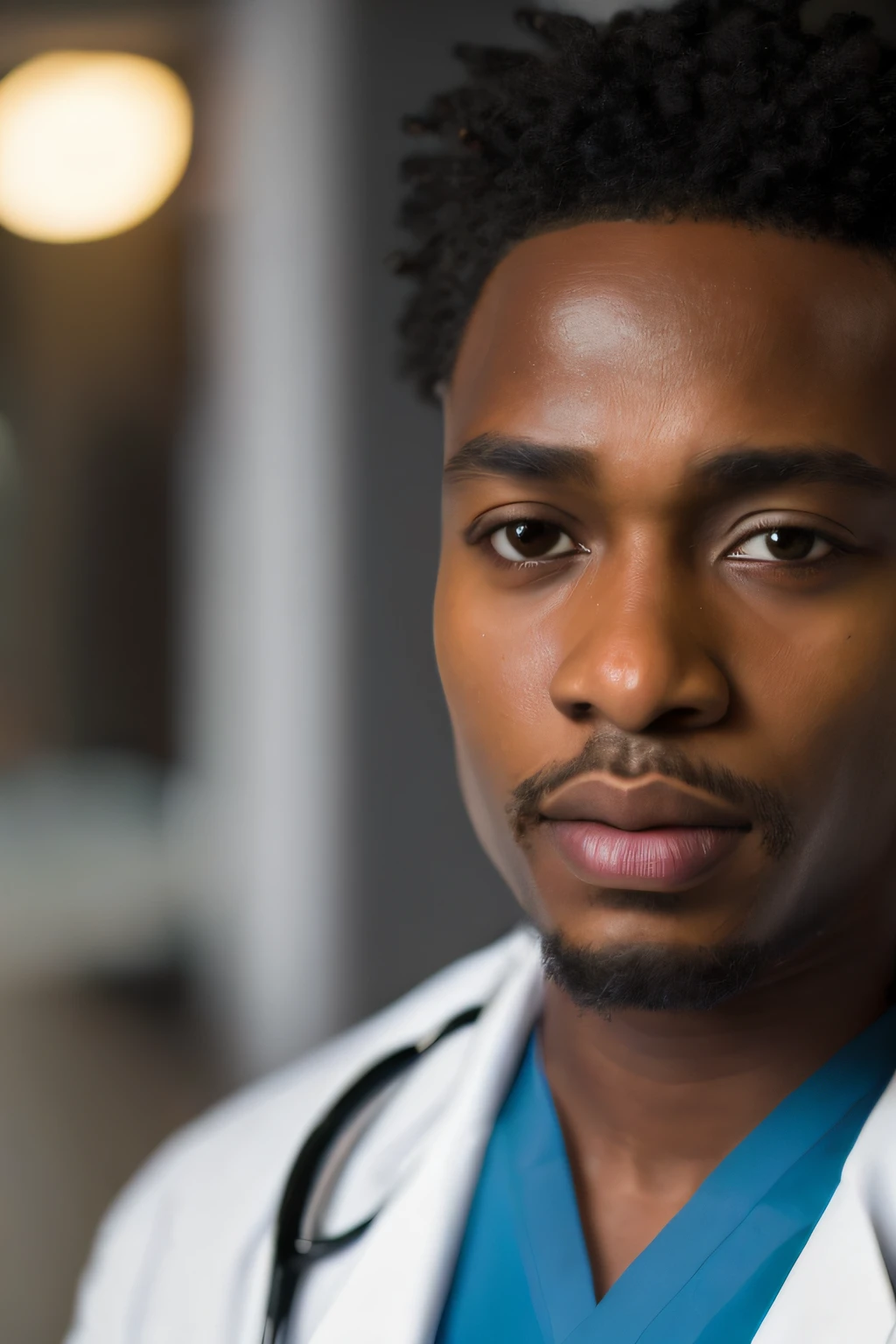 film grain, photographed with a Sony a9 II Mirrorless Camera, analog style, beautiful, masterpiece, best quality, aamari, doctor in hospital, a man with elegant dress is looking at the camera, very dark skin, extremely detailed face, hospital at background, bust shot, perfect lighting --auto