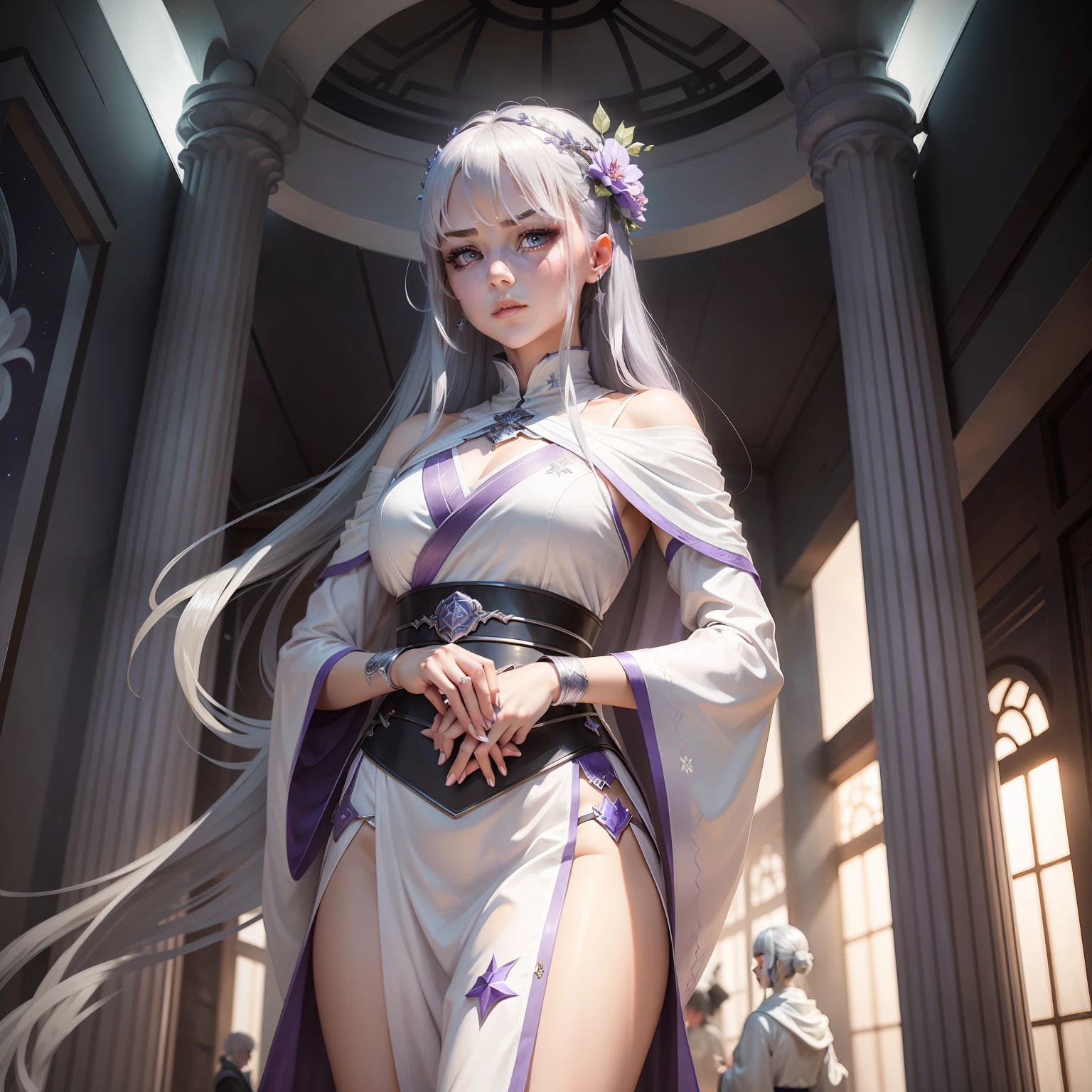 Silver hair beauty，Purple pupils，The woman above the pavilion。A cold look。Indifferent face。Silver longsword in hand，White robes fluttering。Starry night。