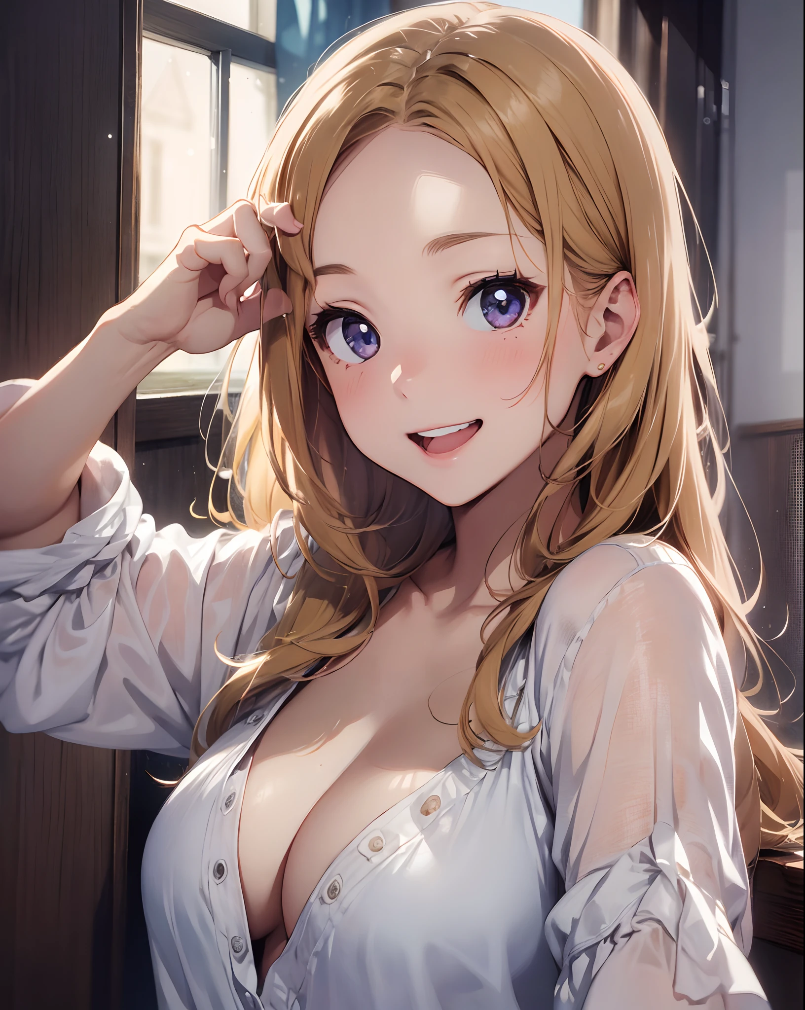 Girl in oversized blouse over naked, a blond、(Bring out your forehead:1.2)、 lightsmile, Happy, Calm,Medium chest,
Sitting on the bed , cleavage, lie down
Coming in tonight , Soft moonlight, Absurd resolution, Best Quality, absurd details,