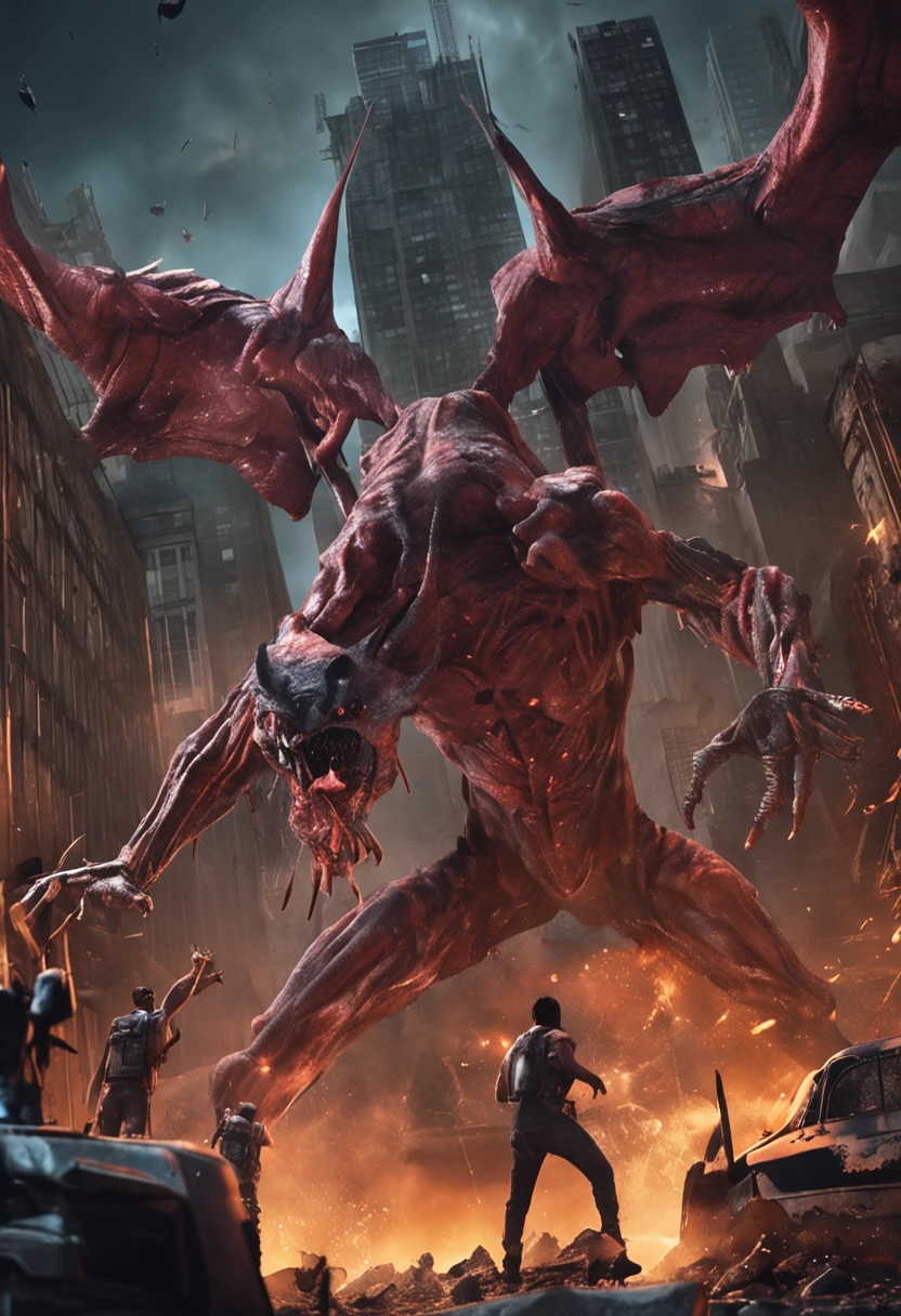 Invading aliens,Wolf-faced zombies,A lot of hair is long,Long horn,uncanny,blood vess,frotting,Murderous,Full body like,combats,The city was destroyed,of a real,Facial features are carefully depicted,Realistic skin texture,Dark style,depth of fields,high light,Real light,Ray traching,oc rendered,Hyper-realistic,best qualtiy,8K,Works of masters,super-fine,Detailed pubic hair,Correct anatomy,sharp focus on eyes,Bokeh,Facial features are carefully depicted