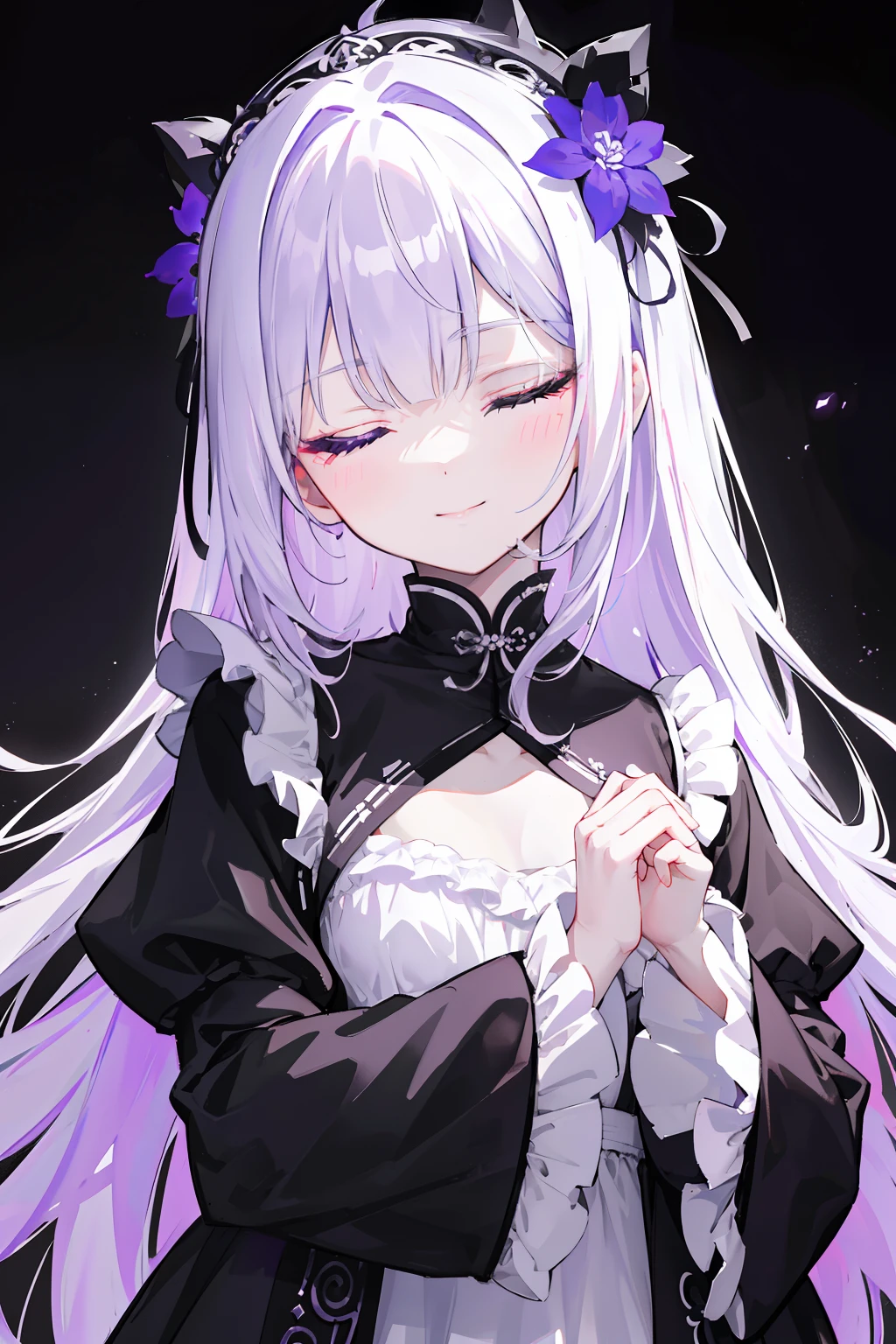 "Create a dark atmosphere at night,A cute with a weak expression appears。She is a little girl,Wearing a white dress in black with purple flowers,Long vibrant white hair,smiling with closed eyes。In the scene,She slept peacefully in bed。The surroundings create a gloomy and tranquil atmosphere,The dim light illuminated her lovely face。