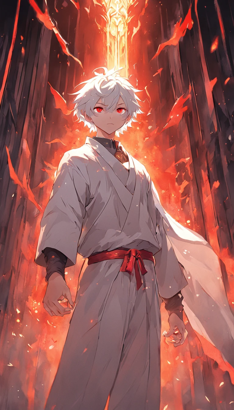 (Masterpiece) In a medieval fantasy world, A vibrant and epic scene unfolds，A boy with cleverly combed white hair and red eyes confidently walks through the dark dungeon. His costume consisted of a white suit，Highlights his strong presence. In his hands, Fire magic, Be prepared to face any enemy