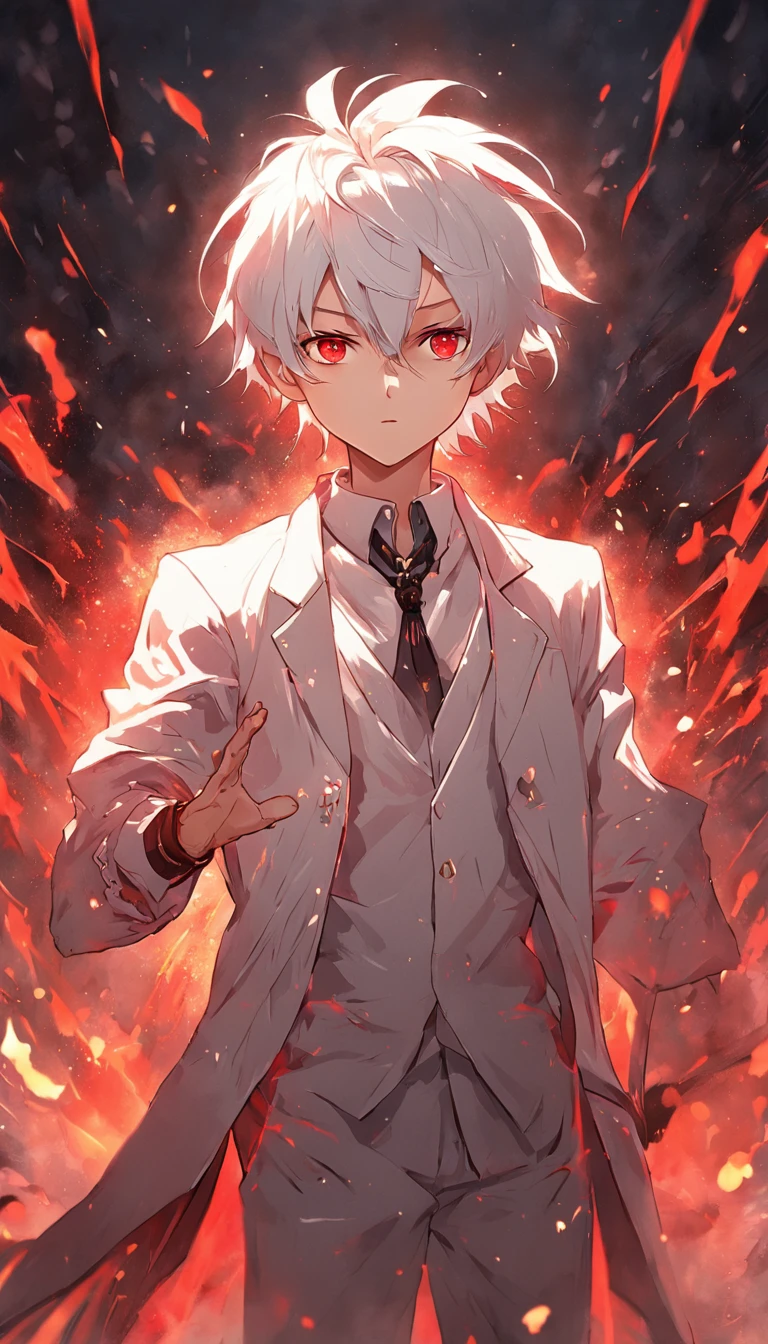 (masterpiece) In the medieval fantasy world, a dynamic and epic scene unfolds as a boy with artfully combed white hair and red eyes walks confidently through a dark dungeon. His costume consists of a white suit that accentuates his powerful presence. In his hands, fire magic, ready to face any enemy