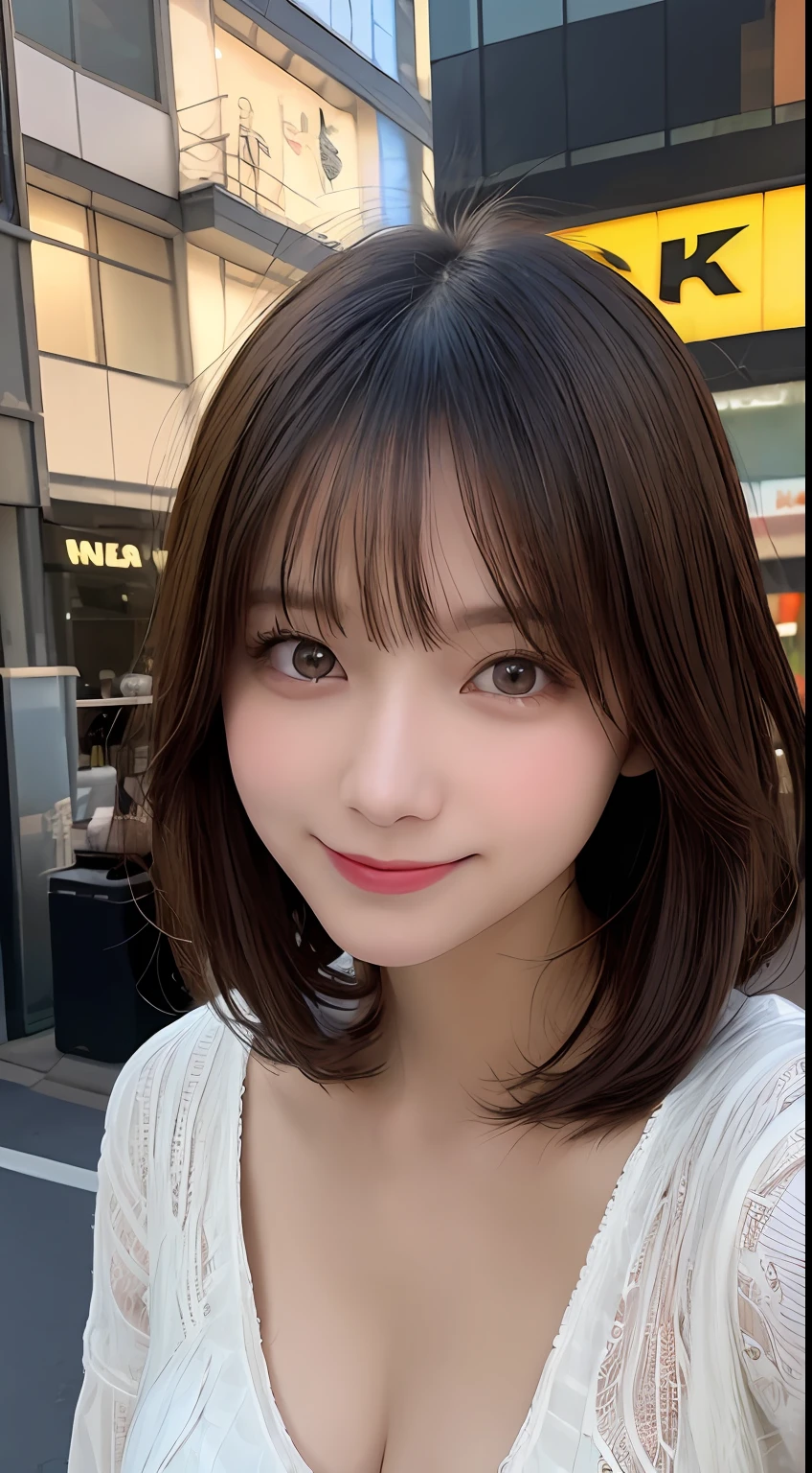 masutepiece, Best Quality, Illustration, Ultra-detailed, finely detail, hight resolution, 8K Wallpaper, Perfect dynamic composition, Beautiful detailed eyes, Women's Fashion Summer,Medium Hair,Small breasts natural color lip, Bold sexy poses,Smile,Harajuku、20 years girl、Cute、Sexy shot looking at camera