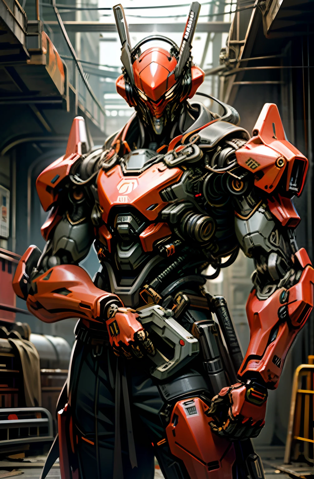 Dark_Fantasy,Cyberpunk,(chain saw,chain saw man,Red:1.1),1man,Mechanical marvel,Robotic presence,Cybernetic guardian, wearing a worn-out mech suit, intricate, (steel metal [rusty]), elegant, clear focus, shot by greg rutkowski, soft lighting, vibrant colors, masterpiece, ((street)), cowboy shot, dynamic pose,Tang knife in hand，China-style