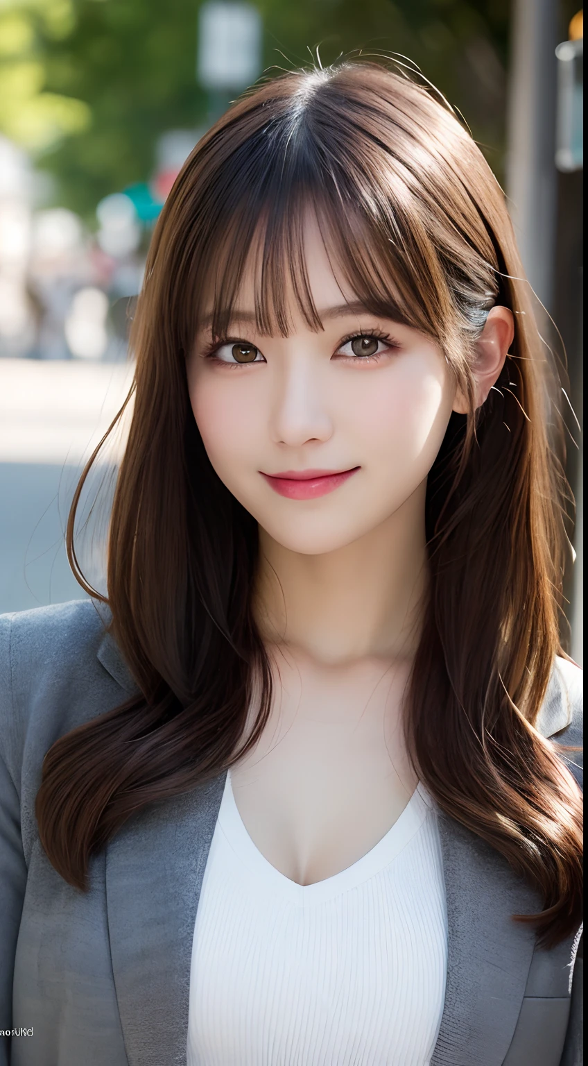 (Detailed skin:1.2),(Shiny skin:1.1),8K,Highest quality, masterpiece, Ultra-high resolution,(Realistic:1.4), RAW Photos,(Soft saturation:1.3),(Fair skin:1.2),Japanese Idols,repair,20 years, Light brown hair, (Long Hairstyles:1.2), Asymmetrical Hair, Asymmetrical bangs (Pretty face:1.4), (Big Breasts, Tight waist), Beautiful lighting, Small Head, (uniform:1.2,),Highly detailed face, Highly detailed lips, fine grain, double eyelid,(Full Body Shot), Browsing Caution, (Sharp focus: 1.2), (Perfect Anatomy、Beautiful woman with perfect figure: 1.2)、Random sexy poses,Accentuate your leg lines、Smiling