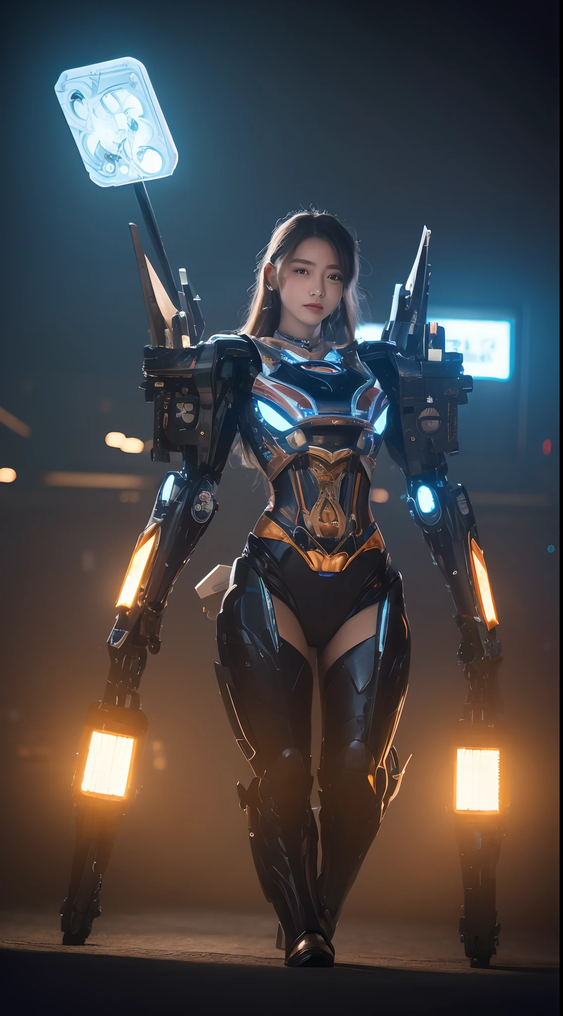 ((masterpiece, best quality)),illustration,ultra detailed 8k,photorealistic,sharp focus,highly detailed,professional lighting,colorful details,iridescent colors BREAK extreme long shot of a factory,large mechanical robot construction,microchip,computer,glowing,intricate details,shitu-mecha,1girl is standing in front of the audience,Navel