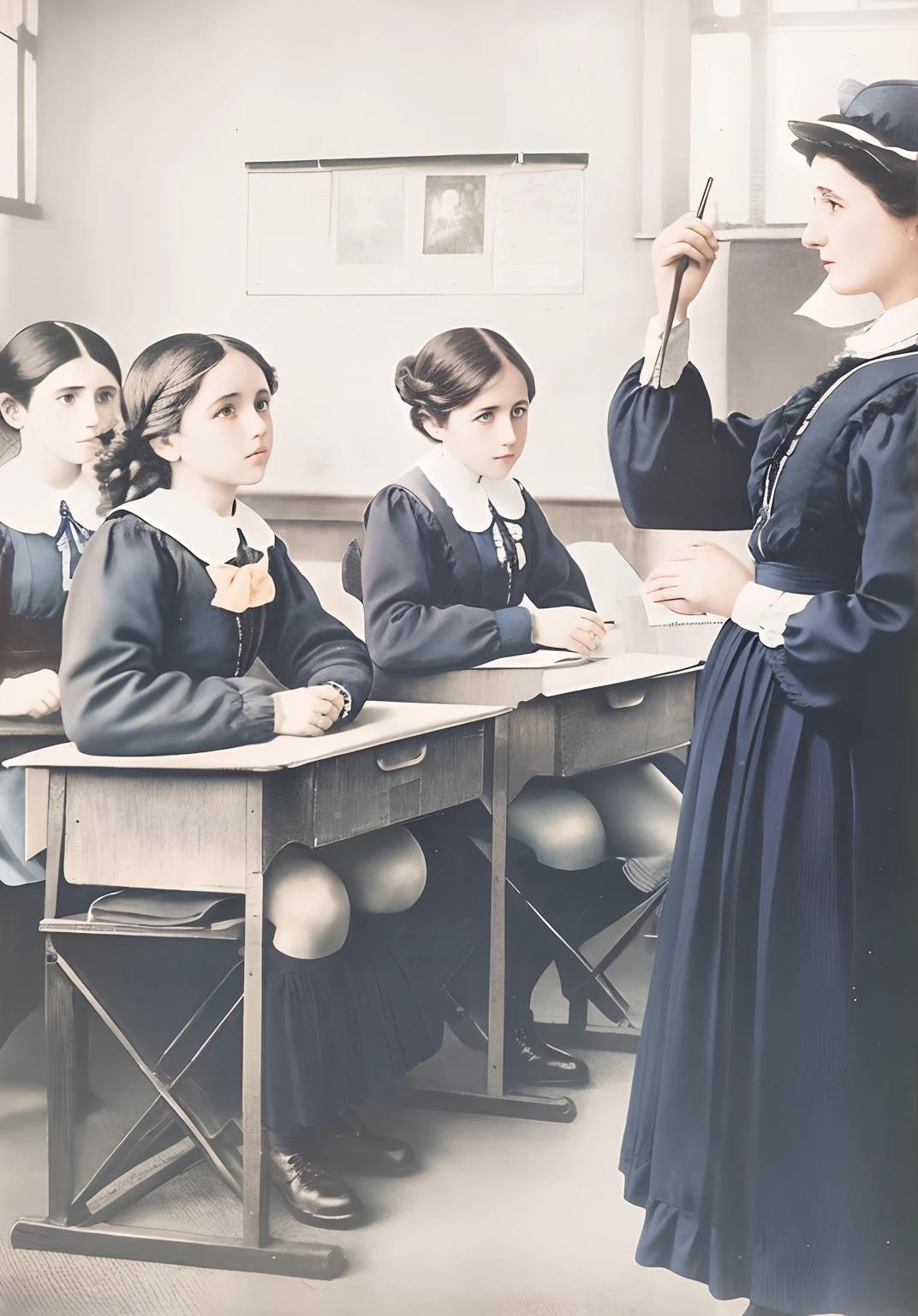 There are many girls sitting on desks in a classroom, Classe escolar, fotografia colorida, colorido 1 9 0 4 foto, como um professor rigoroso da escola ), Victorian era, colorido, uma foto colorida, foto colorida, inspirado em Francesco Hayez, foto colorida premiada, em uma sala de aula, divertido, colorido, hand - tinted, Directed by: Lucia Peka