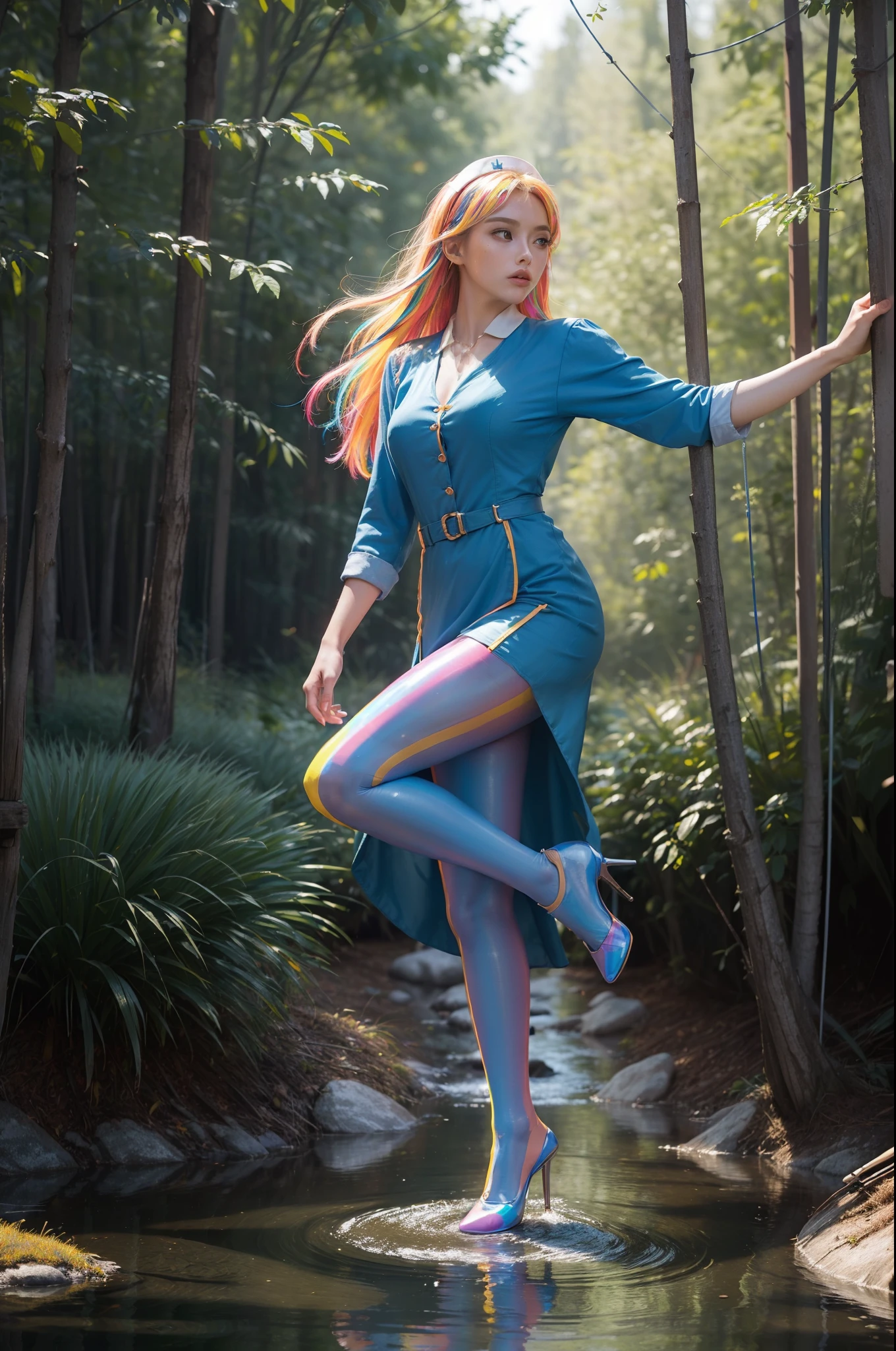(full body:2),(1girl:1.3),(view the viewer:1.4),(anatomy correct:1.4),(((colorful pantyhose)):1.3), (pointed thick heels :1.3),,((Dancing By the creek in the forest):1.2),((Medieval female nurse's knee-length dress suit):1.3),(Extra Long blonde Hair:1.2),(Accurate and perfect face:1.3),(Long legs and big feet:1.3),((Polished clothing):1.2),((Skin reflection , Skin Gloss):1.2),((((( colorful)))):1.5),hyper HD, Ray traching, reflective light, structurally correct, Award-Awarded, high detail, lighten shade contrast, Face lighting ,cinematic lighting, masterpiece, super detailing, high quality, high detail, best quality, 16k,High contrast,