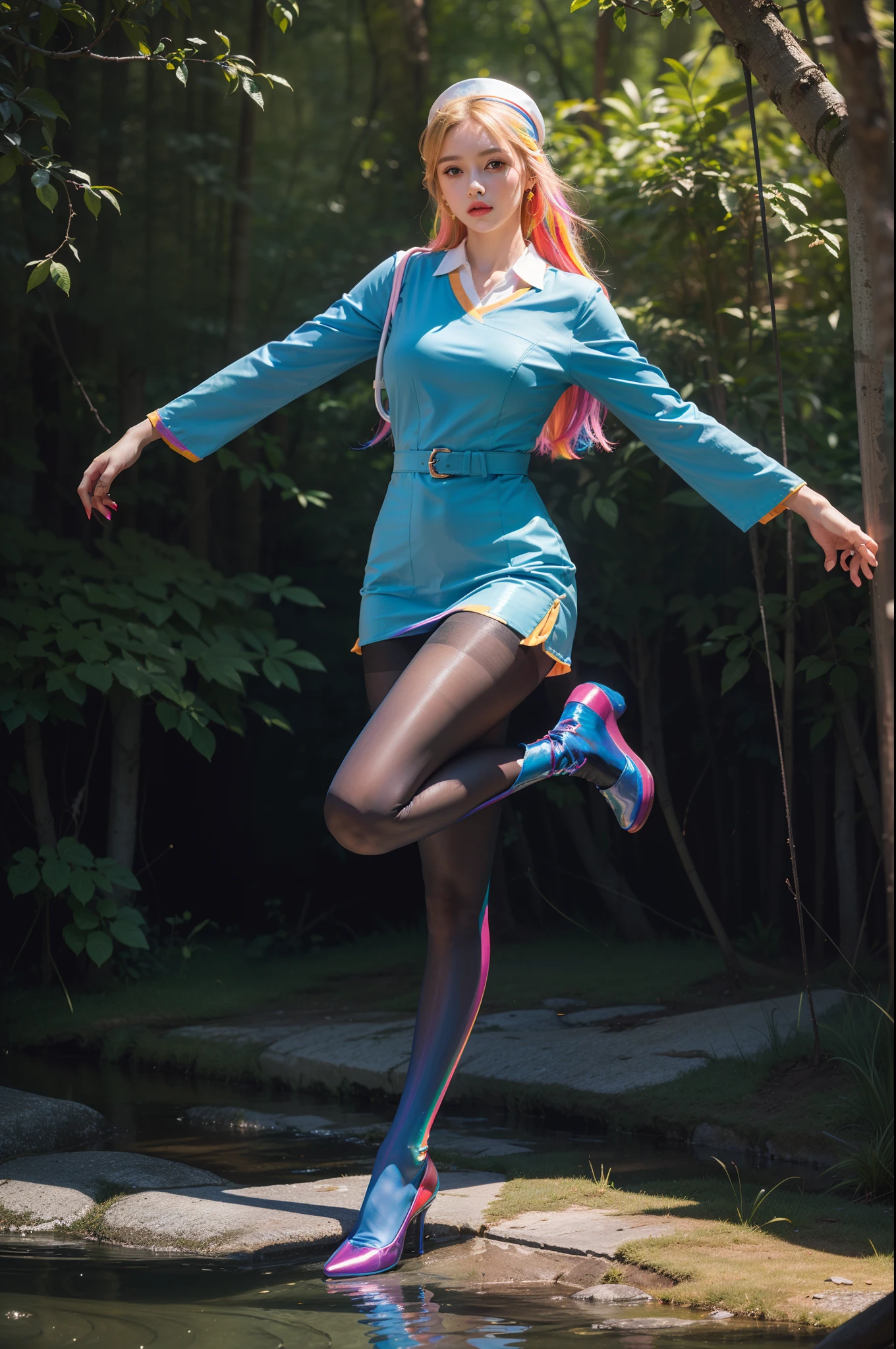 (full body:2),(1girl:1.3),(view the viewer:1.4),(anatomy correct:1.4),(((colorful pantyhose)):1.3), (pointed thick heels :1.3),,((Dancing By the creek in the forest):1.2),((Medieval female nurse's knee-length dress suit):1.3),(Extra Long blonde Hair:1.2),(Accurate and perfect face:1.3),(Long legs and big feet:1.3),((Polished clothing):1.2),((Skin reflection , Skin Gloss):1.2),((((( colorful)))):1.5),hyper HD, Ray traching, reflective light, structurally correct, Award-Awarded, high detail, lighten shade contrast, Face lighting ,cinematic lighting, masterpiece, super detailing, high quality, high detail, best quality, 16k,High contrast,