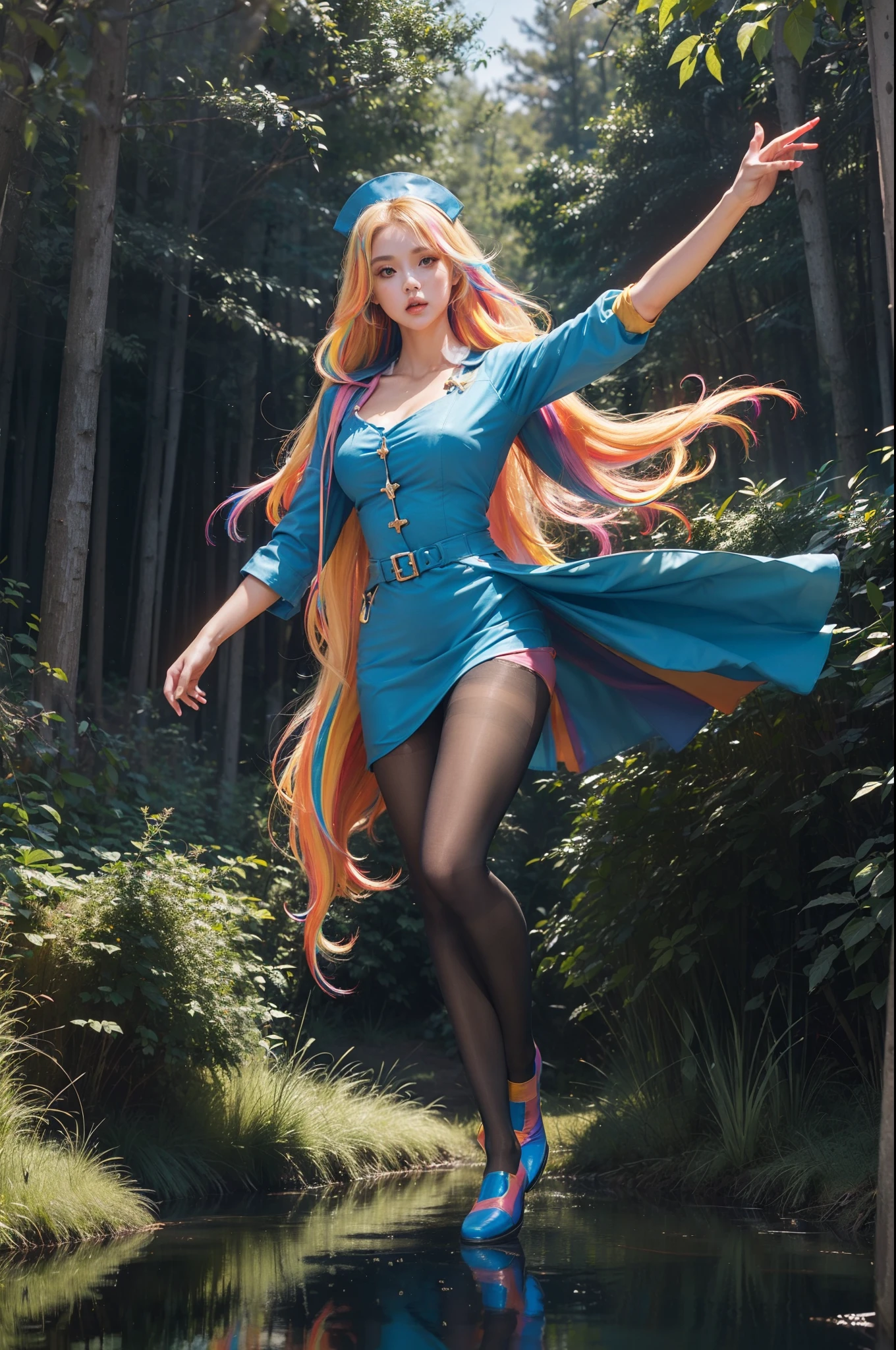 (full body:2)，(1girl:1.3),(view the viewer:1.4)，(anatomy correct:1.4),(((colorful pantyhose)):1.3), (pointed thick heels :1.3),,((Dancing By the creek in the forest):1.2),((Medieval female nurse's knee-length dress suit):1.3),(Extra Long blonde Hair:1.2),(Accurate and perfect face:1.3),(Long legs and big feet:1.3),((Polished clothing):1.2),((Skin reflection , Skin Gloss):1.2)，((((( colorful)))):1.5)，hyper HD, Ray traching, reflective light， structurally correct, Award-Awarded, high detail, lighten shade contrast, Face lighting ，cinematic lighting, masterpiece, super detailing, high quality, high detail, best quality, 16k，High contrast,