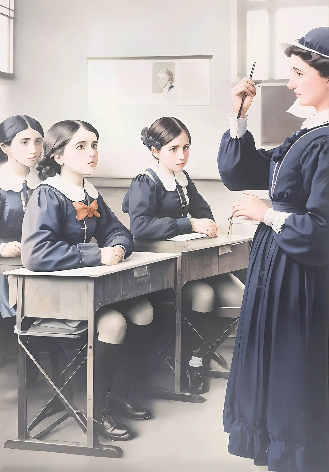 There are many girls sitting on desks in a classroom, Classe escolar, fotografia colorida, colorido 1 9 0 4 foto, como um professor rigoroso da escola ), Victorian era, colorido, uma foto colorida, foto colorida, inspirado em Francesco Hayez, foto colorida premiada, em uma sala de aula, divertido, colorido, hand - tinted, Directed by: Lucia Peka