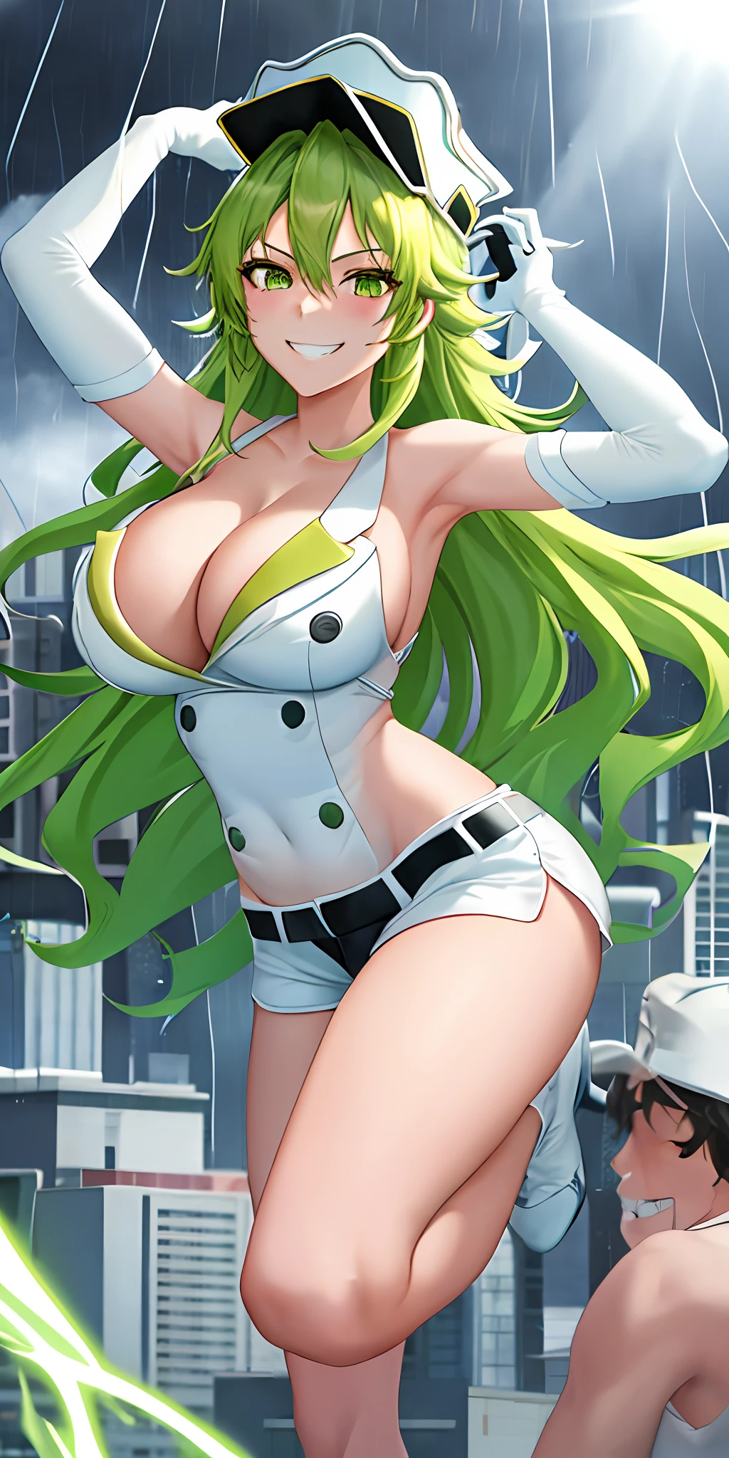 巨作, Best Quality, candice, 1girl, 独奏, long  hair, huge breasts, smile, big breasts, gloves, white hat, cleavage, green eyes, green hair, shorts, elbow gloves, grin, Peak hat, The Burned City, lightning, arms up, raining, Rain,