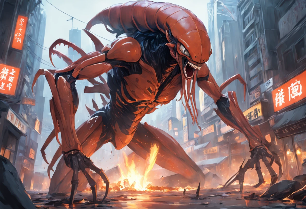 Cinematic image effects，Invading aliens，Invasive crayfish，Huge pliers，uncanny，blood vess，，Murderous，Full body like，combats，The city was destroyed，Dispersed crowds for their lives，blasts，fire glow，废墟，of a real，Facial features are carefully depicted，Realistic skin texture，Dark style，depth of fields，high light，Real light，Ray traching，oc rendered，Hyper-realistic，best qualtiy，8K，Works of masters，super-fine，Detailed pubic hair，Correct anatomy，sharp focus on eyes，Bokeh，Facial features are carefully depicted