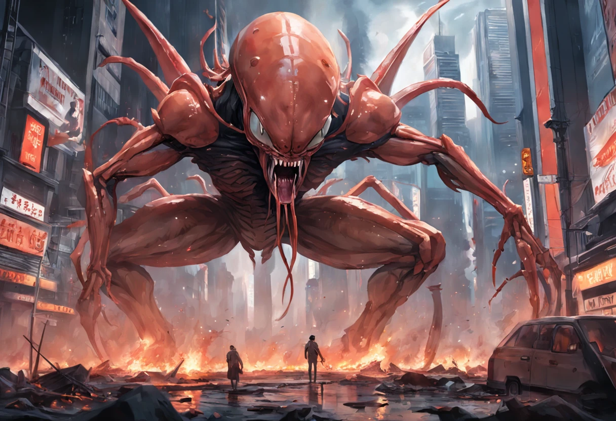 giant grotesque dark red flea-like creatures leaping in the air in a devastated futuristic city