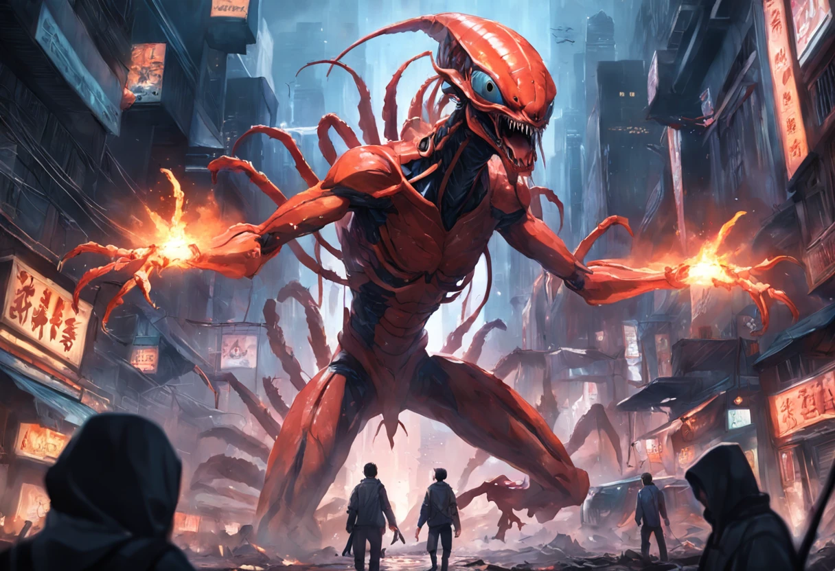 Cinematic image effects，Invading aliens，Invasive crayfish，Huge pliers，uncanny，blood vess，，Murderous，Full body like，combats，The city was destroyed，Dispersed crowds for their lives，blasts，fire glow，废墟，of a real，Facial features are carefully depicted，Realistic skin texture，Dark style，depth of fields，high light，Real light，Ray traching，oc rendered，Hyper-realistic，best qualtiy，8K，Works of masters，super-fine，Detailed pubic hair，Correct anatomy，sharp focus on eyes，Bokeh，Facial features are carefully depicted
