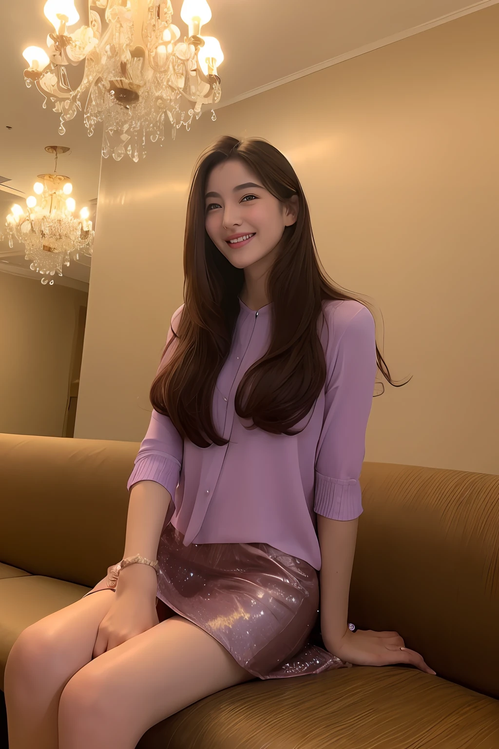 (Transcendent beauty　Violet skirt　high-angle　Violet Blouse　Thin masterpiece、top-quality、Ultra-precise expression　full body seen　masutepiece、(细致背景),Open your legs wide　sit on luxurious sofa　　a miniskirt　hair is long and brown　Luxury hotel chandelier、Slim body line、legs are long、Check miniskirt　二重まぶた　Transcendent beauty　Smiling　Subtle upward vision