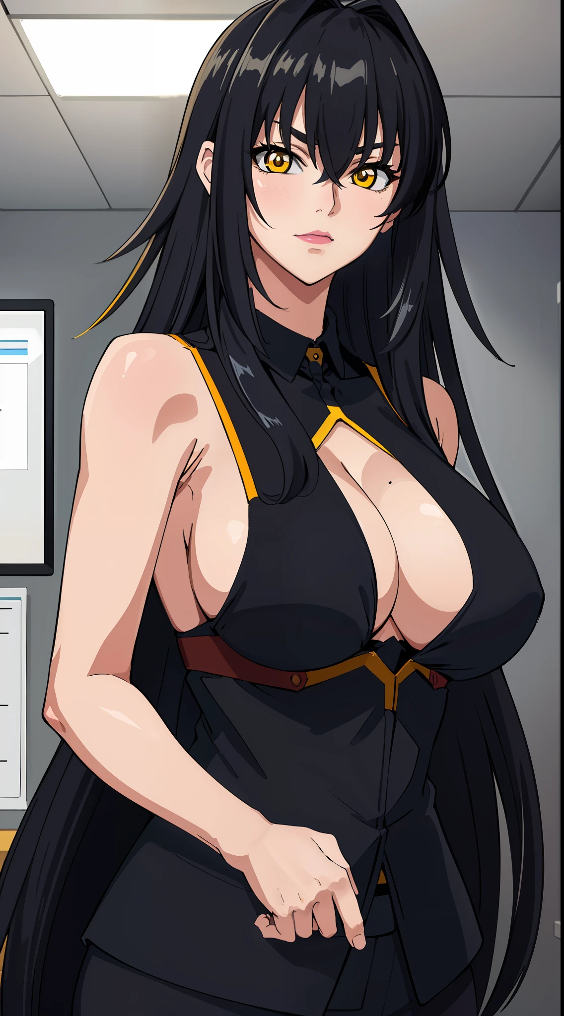 professional artwork, Intricate Details, field of view, sharp focus, detailed painting, photorealistic lighting, trending on pixiv,(masterpiece:1.0),(best_quality:1.0), ultra high res, ultra-detailed, photography, 8K, HDR, highres, absurdres:1.2, Kodak portra 400, film grain, sharp focus, bokeh:1.2, lens flare, (vibrant_color:1.2), (((indoors, dark night district))), Annerose, 1girl, female mature, ((long hair, black hair:1.4)), (yellow eyes), large breasts, ((formal office suit:1.4)), soft skin, hair intakes, (solo:1.4), (upper body, half body shot, covered breasts, side boobs), seductive, shiny clothes