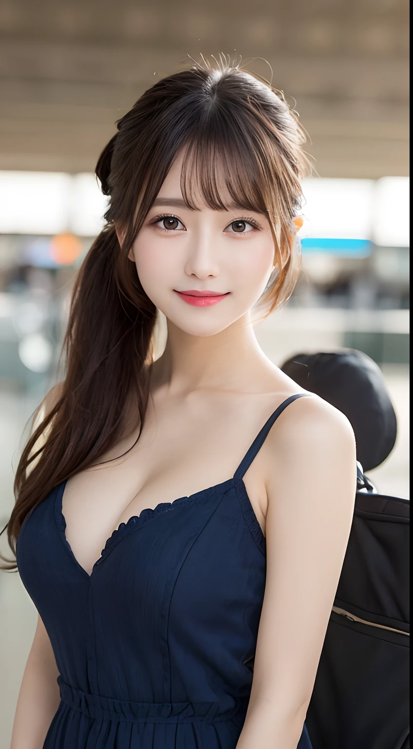 masutepiece, Best Quality, Illustration, Ultra-detailed, finely detail, hight resolution, 8K Wallpaper, Perfect dynamic composition, Beautiful detailed eyes, Women's Fashion Summer,Ponytail hair,Small breasts natural color lip, Bold sexy poses,Smile,airport、20 years girl、Cute、Sexy shot looking at camera