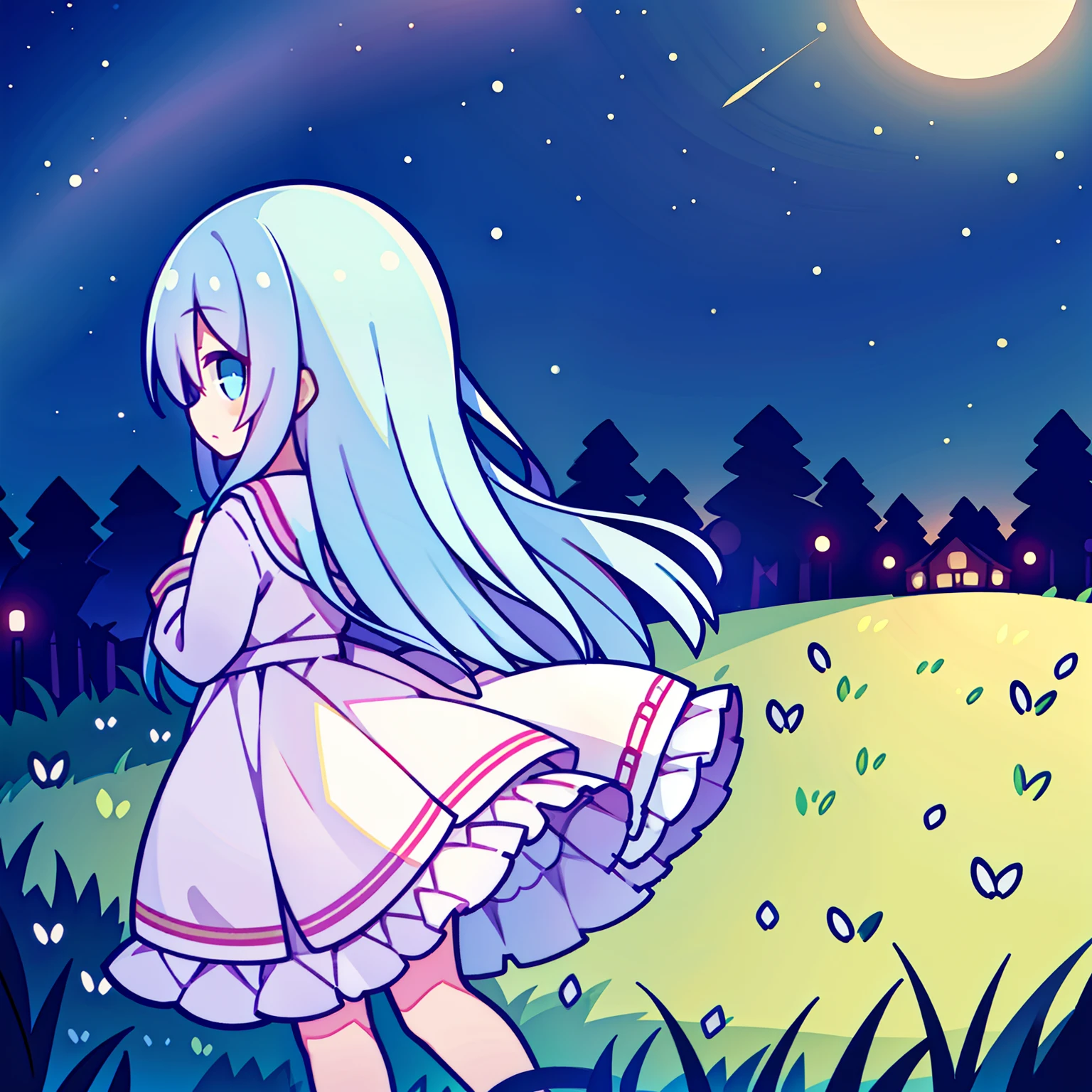 natta,There was a girl in the meadow,Hair fluttering,Night view,The wind is blowing,There are street lights,There are moons