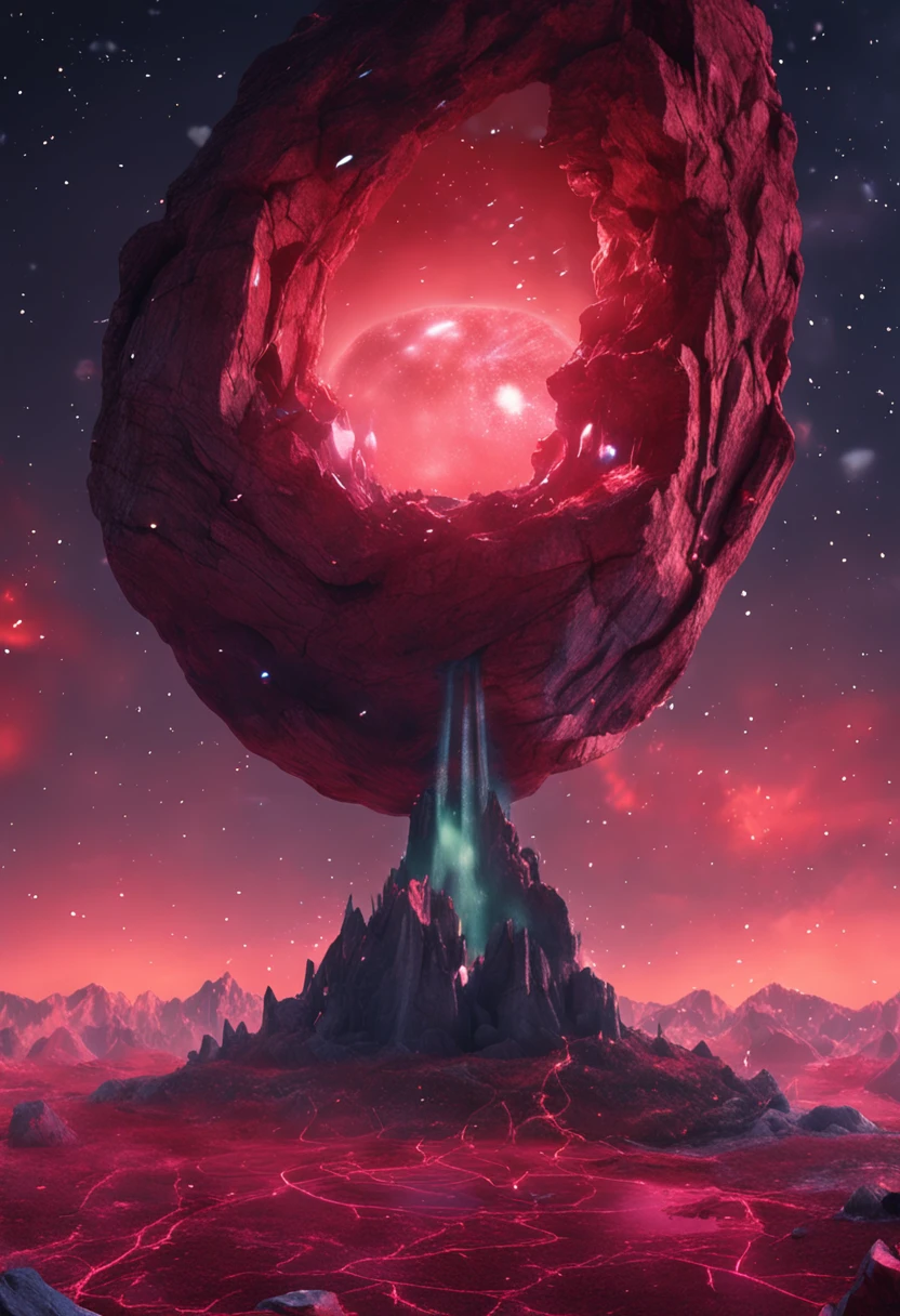A red stone is in the lower middle position、There are crystal cracks in the stone、Earth like silver metal、Fireflies float in the sky、The sky is as deep as the universe、8k