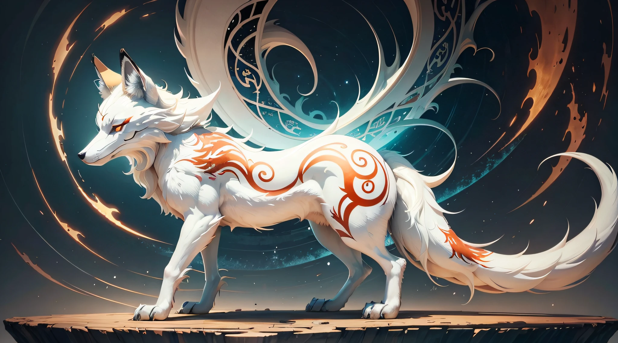 Fox with white body, multiple white tails, tail diverging upwards, abstract art with dragon motifs on his body, John McKinsty, mysterious academia, fantasy, art printmaking, realistic, surreal