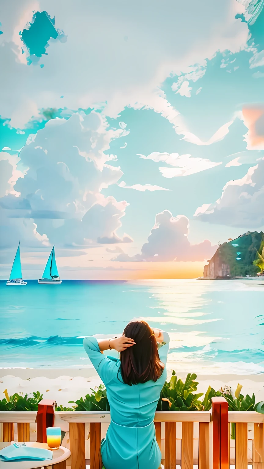 there is a woman that is sitting at a table looking out at the ocean, girl looking at the ocean waves, at a tropical beach, iphone wallpaper, looking at the ocean, gazing at the water, phone wallpaper, relaxing on a yacht at sea, turquoise ocean, standing on a beach in boracay, looking out at the ocean, relaxed. blue background