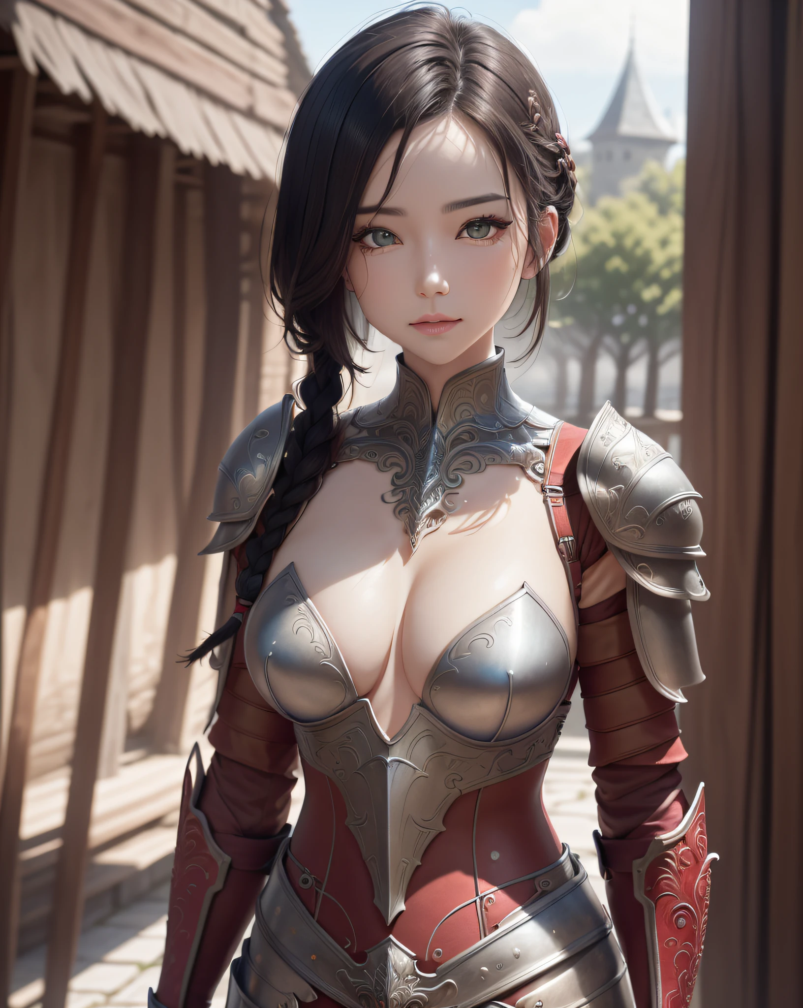(masterpiece, best quality),(extremely intricate:1.3), (realistic), 1girl, milf, asian, green eyes, perfect eyes, perfect iris, perfect pupils, perfect lips,perfect nose, perfect hands, very detailed hands, perfect fingers, black hair, short hair, straight hair, small braid in her hair, (medieval armor), metal reflections, (((red armor))), outdoors, far away castle, (ornately decorated armor), (insanely detailed, bloom:1.5), chainmail, intense sunlight, professional photograph of a stunning woman detailed, sharp focus, award winning, cinematic lighting, blurry background, upper body, ((confident)), (Pose:looking at the camera),mecha
