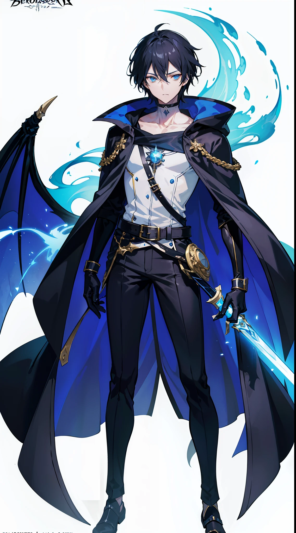 (masterpiece:1.5) highlydetailed, ultra-detailed, (bestquality), (character concept art),
male anime character,
black hair, (dark),
black pants, (leather material),
choker, (thin, black),
closed mouth,
collarbone, (visible),
full body, (front view),
gloves, (tight-fitting, black),
long sleeves, (fitting)
pants, (straight-cut)
simple background, (plain)
solo, standing, (confident pose),
white background,
anime character with a blue cape, (flowing, knee-length),
and a black coat, (thick, knee-length),
holding a sword, (ornate, slightly curved),
official character art, (official illustration, high-resolution),
(character concept art),
official character illustration,
skinny male fantasy alchemist, (lean figure),
quirky king of faes, (charismatic),
(long, handsome guy in demon slayer art),
tall anime guy, (towering presence),
with blue eyes, (bright, piercing),
fantasy character, (mystical aura),
delicate androgynous prince, (ethereal beauty),
young shadow mage male.