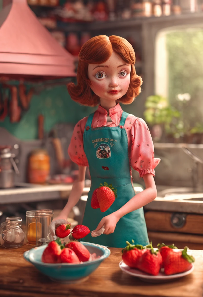 Uma boneca de morango colocando amido de milho com uma colher em uma tigela na mesa da cozinha, ajudando uma menina a fazer um bolo, ao fundo uma cozinha vintage, ::n_style deformed hands, rosto deformado, utensilios deformados