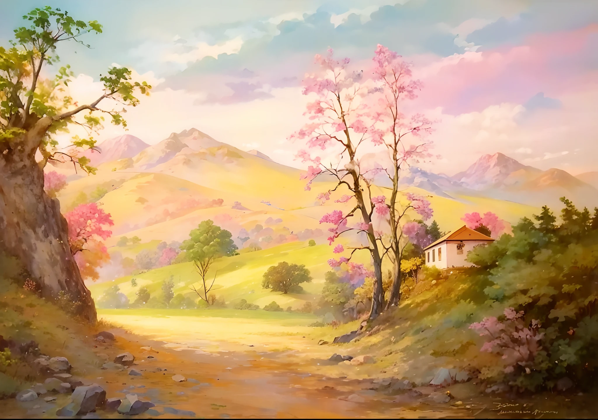 painting of a mountain scene with a house and trees, airy landscape, scenic landscape, painted landscape, bright landscape, peaceful landscape, country landscape, peaceful scene, rural landscape, in a serene landscape, by Jenaro de Urrutia Olaran, scenery artwork, romantic landscape, blissful landscape, colorful landscape painting, colorful scene, nature landscape, felucia landscape