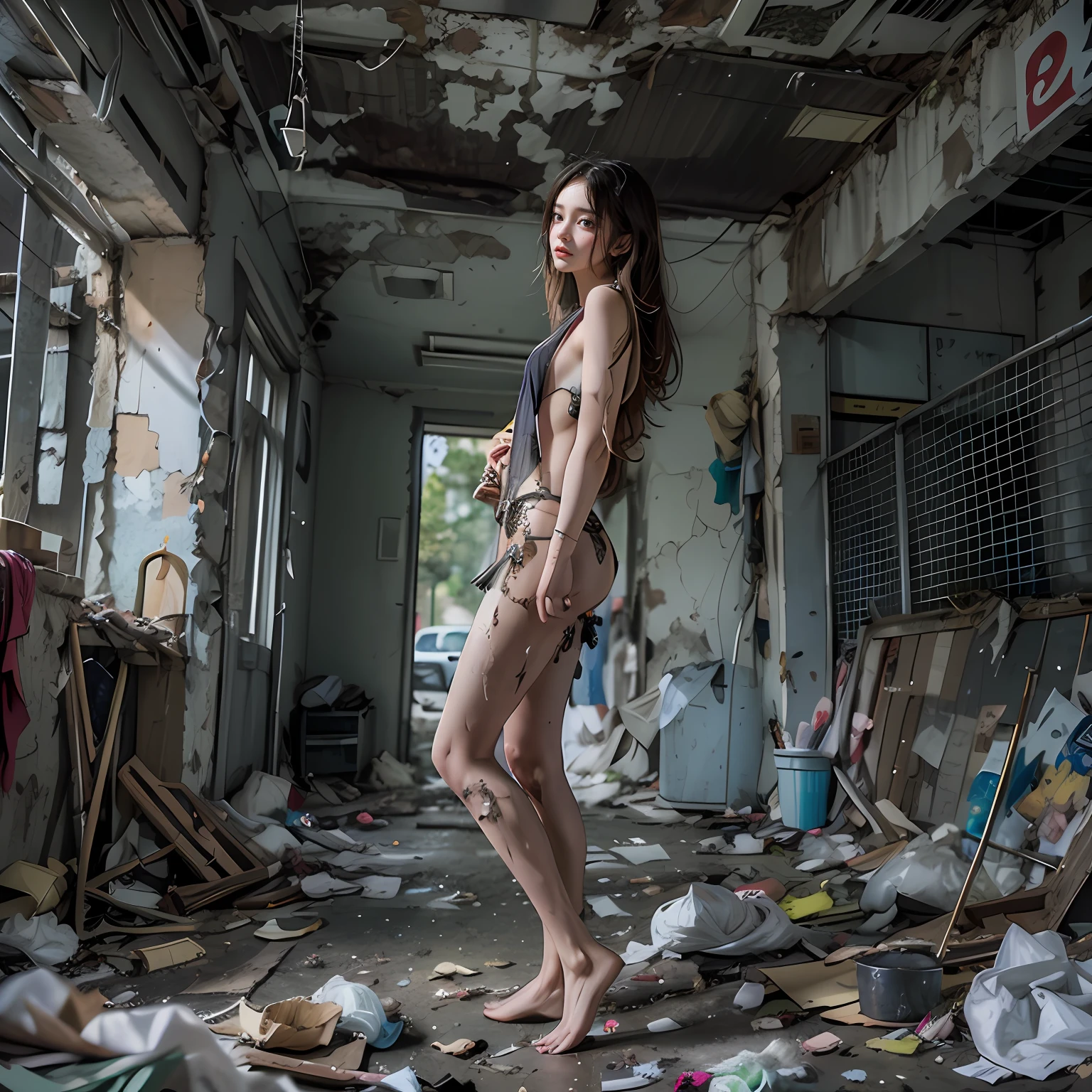 tmasterpiece，abandoned building，Garbage all over the ground，grimy，full-body portraits，Sexy standing pose，Slim legs，very beautiful long slim legs，The barefoot，Naked all over the body，full body exposed，exhibitionists，The body is exposed randomly