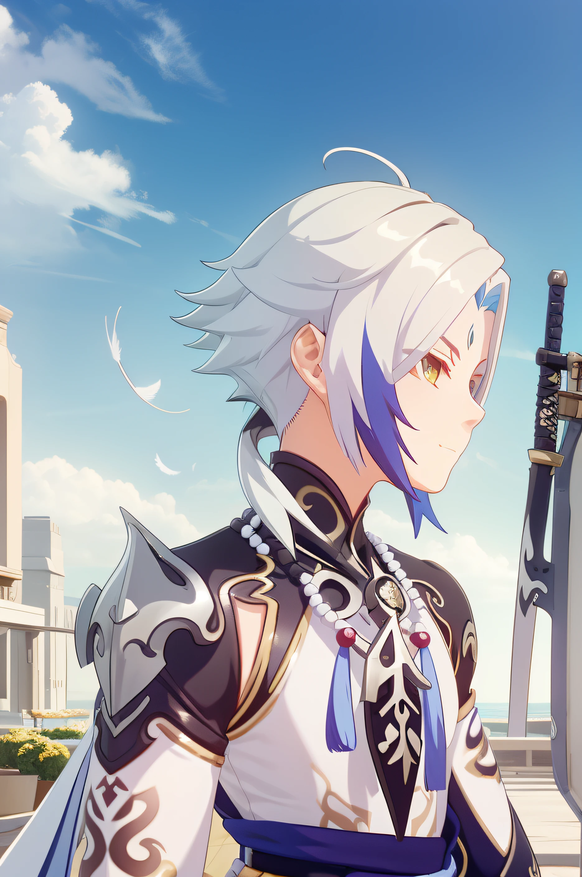 genshin impact, anemo character, male, white hair, pretty face, profile, slim build, ager, feathers and dandelions in the wind, dark sky, armour, katana blades in hand, smirking