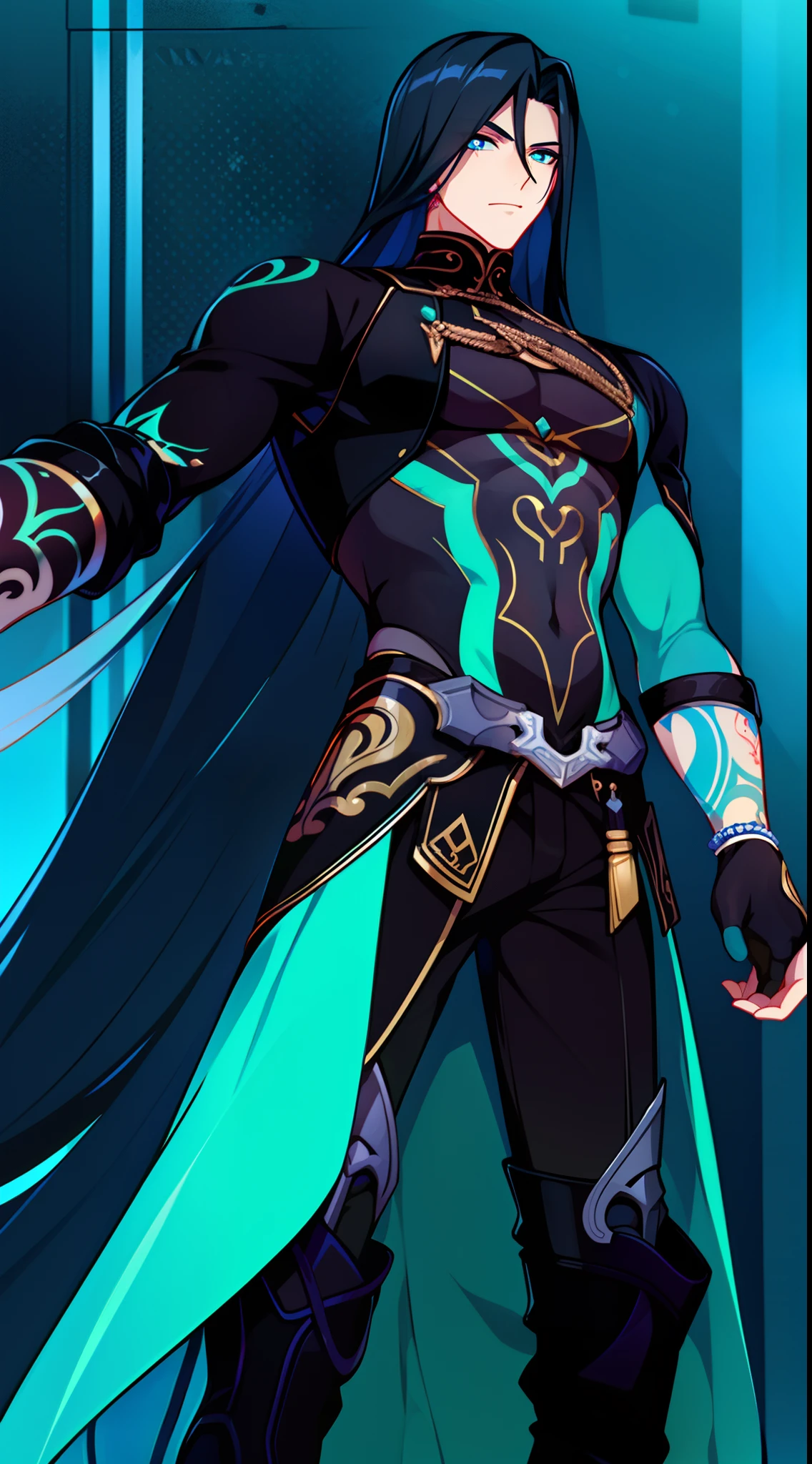 Young man, Long black hair, Cyan eyes, Tatoo, open torso, breeches, Iron hands, tmasterpiece, hiquality