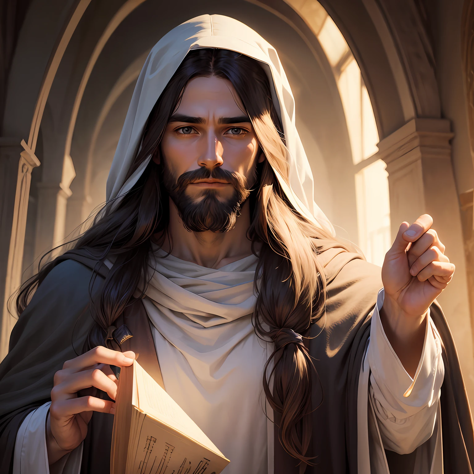 Realistic image of Jesus Christ, with cloak on his head, serene look, with beard and mustache, long hair, light eyes