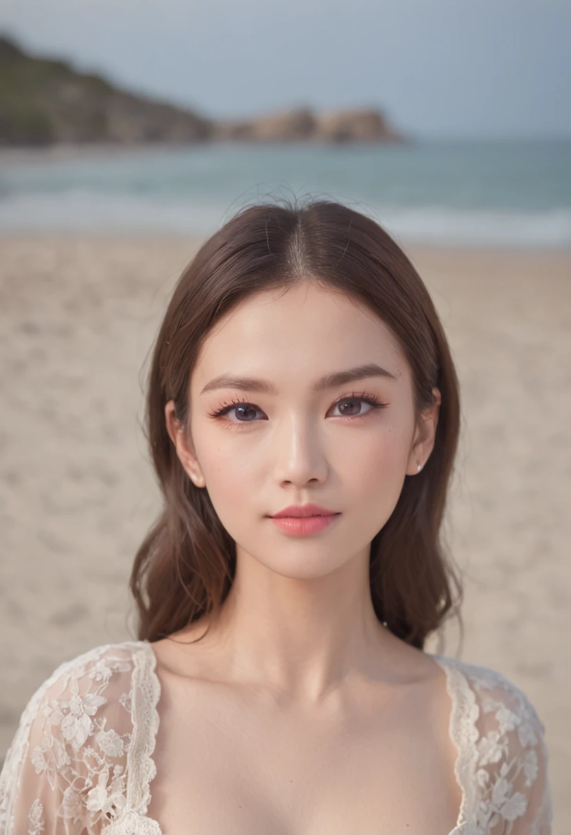 A beautiful maiden standing on the beach,She has fair skin,Brunette playful,Wear a delicate bra,Peerless beauty,Pink and purple blending,Big eyes and long eyelashes,Perfect double eyelids,Perfect eyebrow shape,Fine lashes,Cute red lips,When he smiled slightly, two small dimples appeared on his cheeks,Delicate collarbones,Pure lust,Princess temperament,full body pov,Sunlight shines,Pristine white sand,Ocean blue waves,with blue sky and white clouds,Strong sense of atmosphere,High-quality masterpieces,Pure realism style,Brilliant light and shadow,Good lighting,4k画质,A masterpiece。