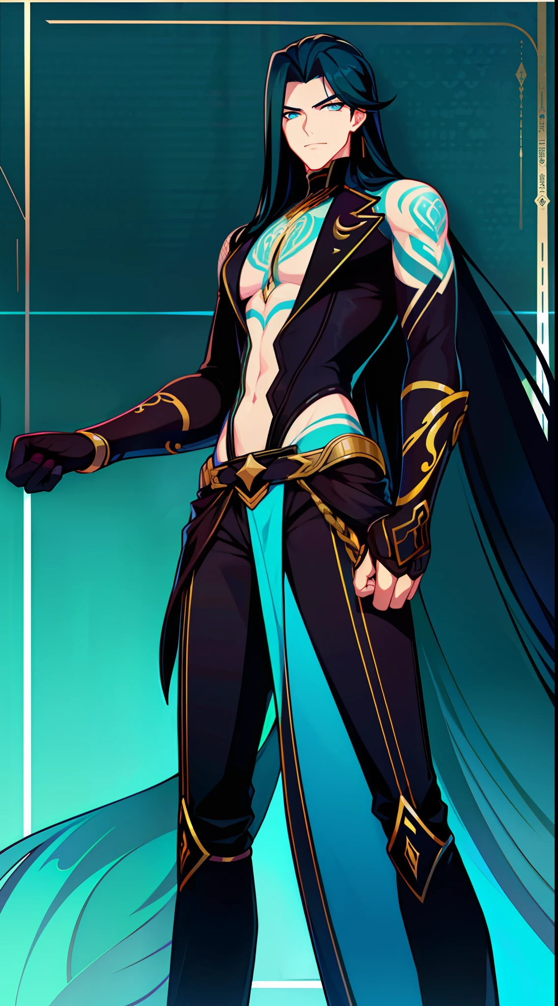 Young man, Long black hair, Cyan eyes, Tatoo, open torso, breeches, Iron hands, tmasterpiece, hiquality