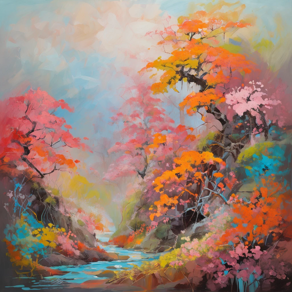 Intricate painting details of Japanese cherry blossom forest, by range murata, colour, High contrast, Mountain, vector line art,, trending in pixiv, concept art, Stick, Mattire, high high quality, Edge to edge, Sanskrit