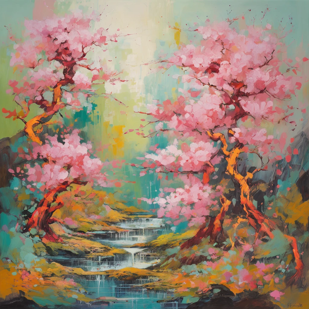 Intricate painting details of Japanese cherry blossom forest, by range murata, colour, High contrast, Mountain, vector line art,, trending in pixiv, concept art, Stick, Mattire, high high quality, Edge to edge, Sanskrit