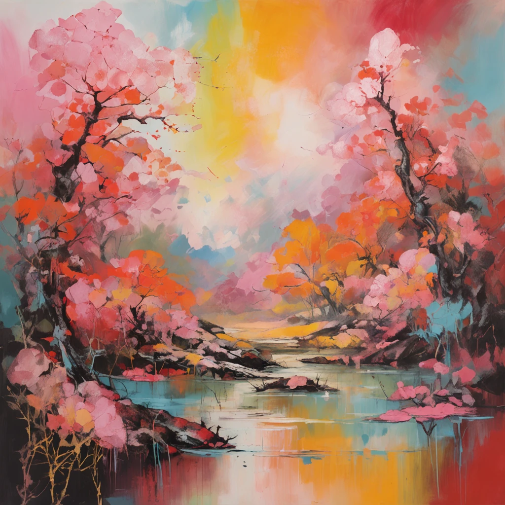 Intricate painting details of Japanese cherry blossom forest, by range murata, colour, High contrast, Mountain, vector line art,, trending in pixiv, concept art, Stick, Mattire, high high quality, Edge to edge, Sanskrit