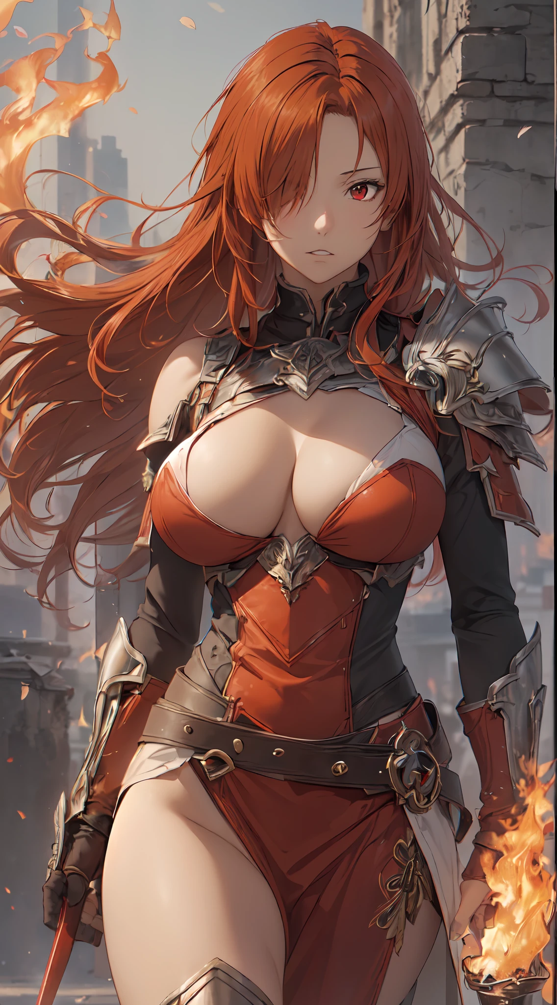(masutepiece:1.5), the Extremely Detailed CG Unity 8K Wallpapers,(Realistic,Photorealsitic,hyper realisitic:1.5),(during daytime,bloom:1.4),(Curve,Model,glamor:1.5),Beautiful breasts,Farbe_aberration,beautiful detailed shadow,Beautiful eyes,Beautiful body,Beautiful skin,beautifull hands,(Red and white Western armor:1.4),(Red hair,Long hair,Red Eyes:1.5)、(Holding a flaming sword in his hand,Holding a sword:1.4),(Large_breasts:1.5),Rin々Shishi Face,(A well-proportioned and perfect body:1.5),intricate detailes, from a_Below, shiny_skin, (Hair over one eye:1.2), side locks, (Hair fluttering in the wind:1.3), (Burning feathers:1.4),Anime girl with red hair and sword in front of the city, female redhead templar,redhead queen in heavy red armor, lady in red armor, Red armor, armor girl,