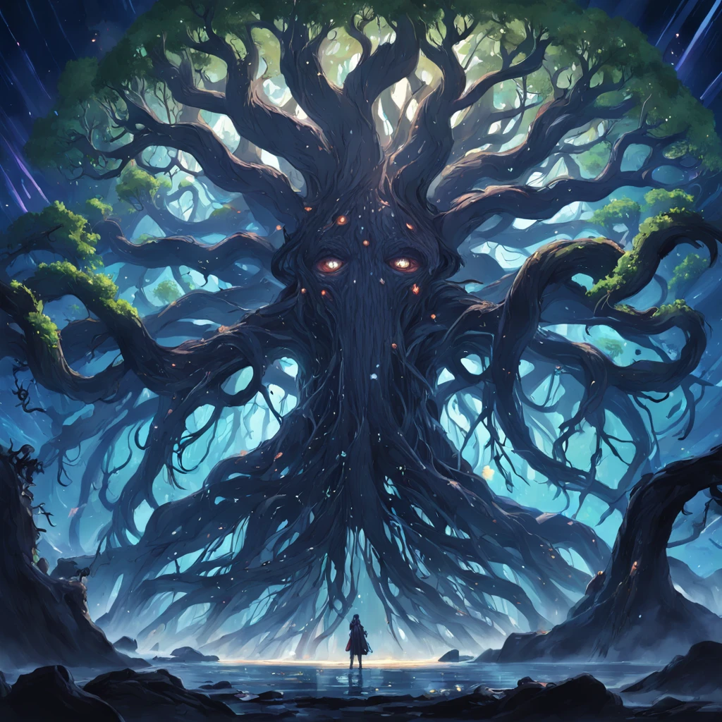 In the depths of the sea of stars，A huge and eerie cosmic banyan tree grows，Its trunk is riddled with countless human faces，Warp and change in the void。Branches penetrate the universe，Fight against Cthulhu monsters，The roots of the tree are deeply oppressive to the entire universe。Cinematic quality，The beauty of the stills，Mysterious floating，Close up，Dark pathos，The horror is terrifying，Cold spreads throughout the body，The crazy atmosphere is pervasive。
