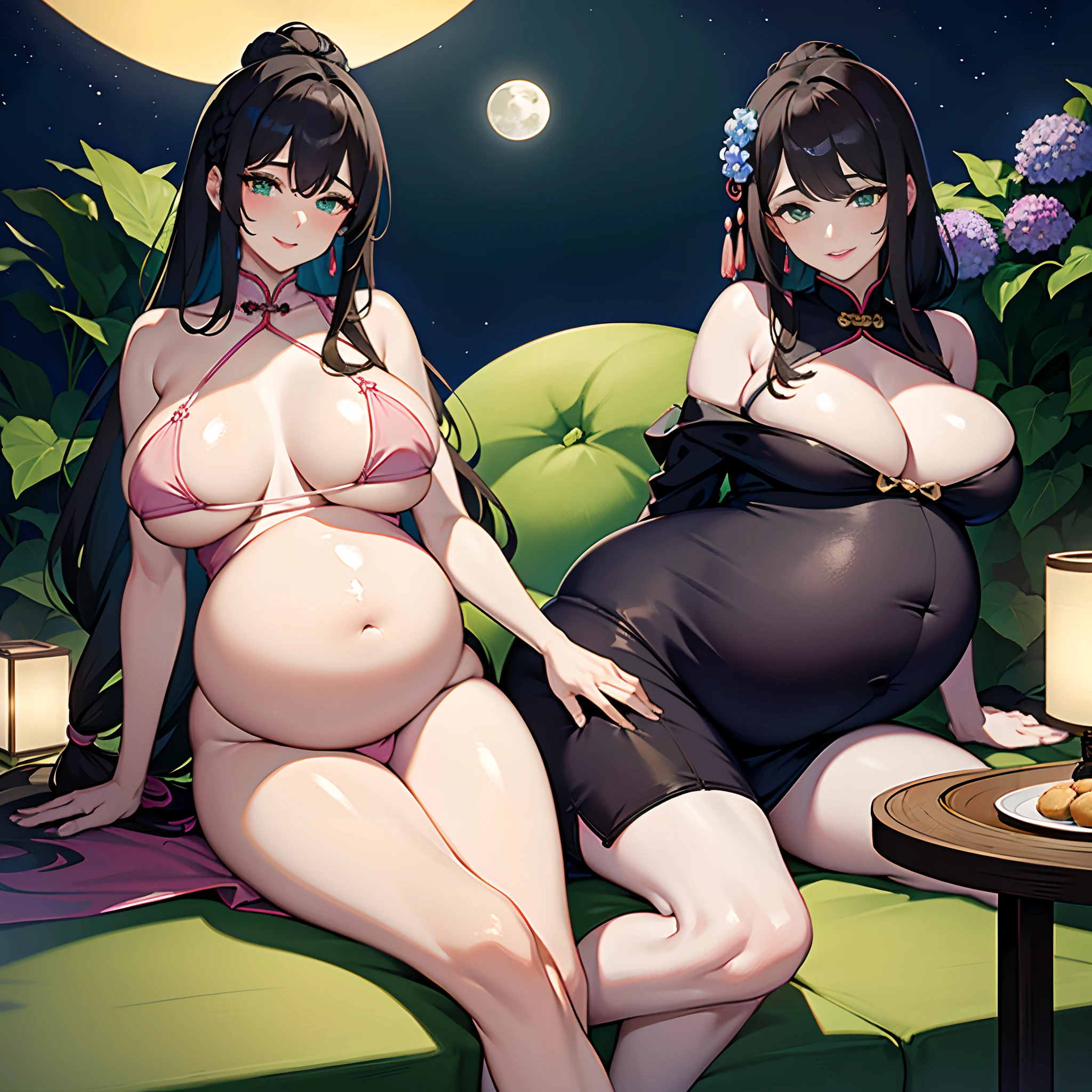 Masterpiece, Best quality, Night, full moon, 1 girl, Mature woman, Chinese style, Ancient China, The beautiful man looked at her pregnant belly and smiled, Big Baby Bump pregnant, Bigboobs, Nippur,Big black balloon big pregnant belly, Big Pregnant girl, Largest Belly of Pregnant, Huge Pregnancy, Huge 60 months gestational belly,Brown hair, Princess cut, Single strips of fried dough twisted braid, Coiled hair, Double ball head, Light pink lips, calm, Intellectual, mid hair, green pupills, Hairpin, hydrangea,