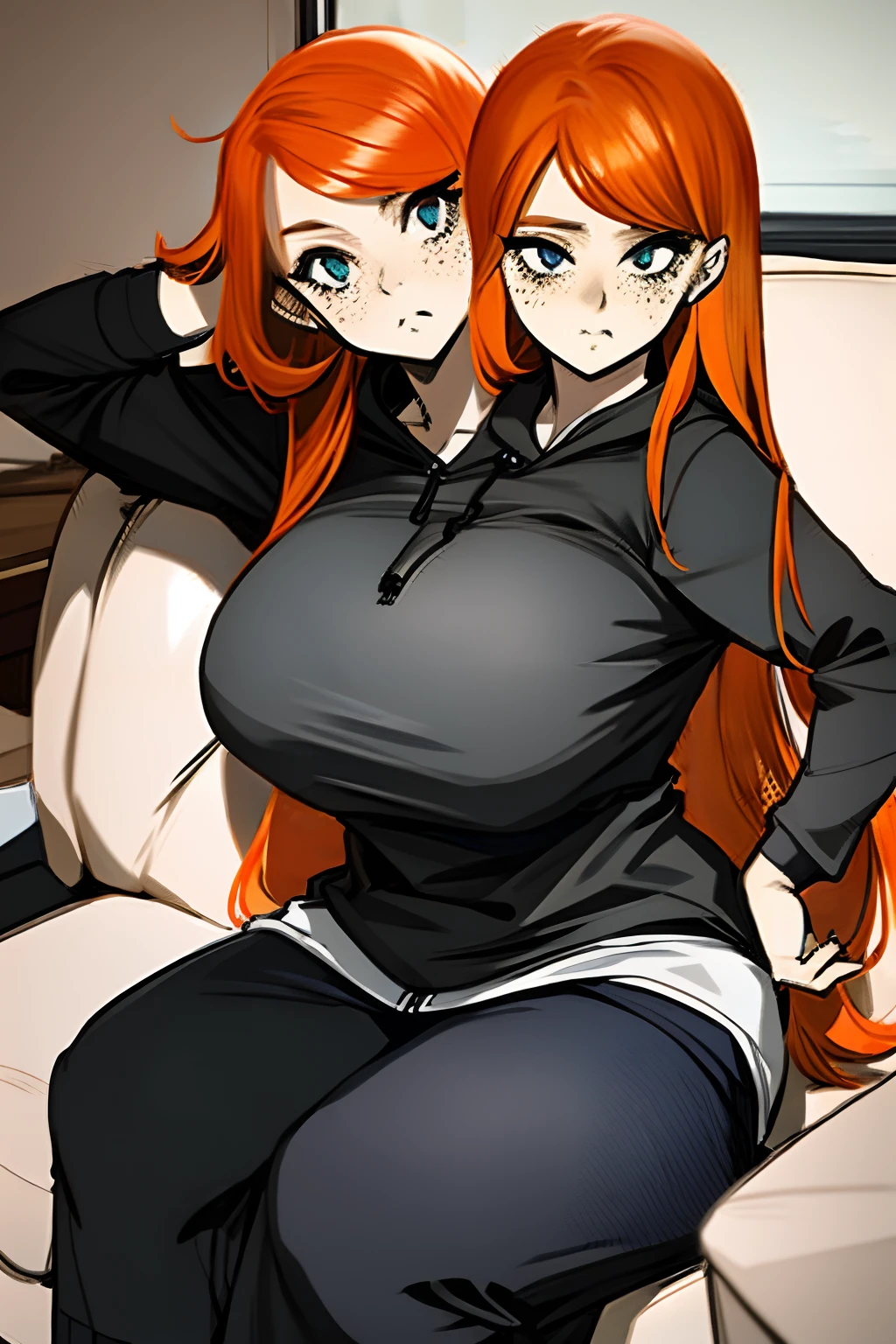 2heads, a short chubby woman with 2 heads. Her breasts are enormous. She is wearing a hoodie and sweatpants. She is pouting. She has messy long orange hair. She has freckles. Her breasts are massive. She is sitting on a couch. Huge boobs.