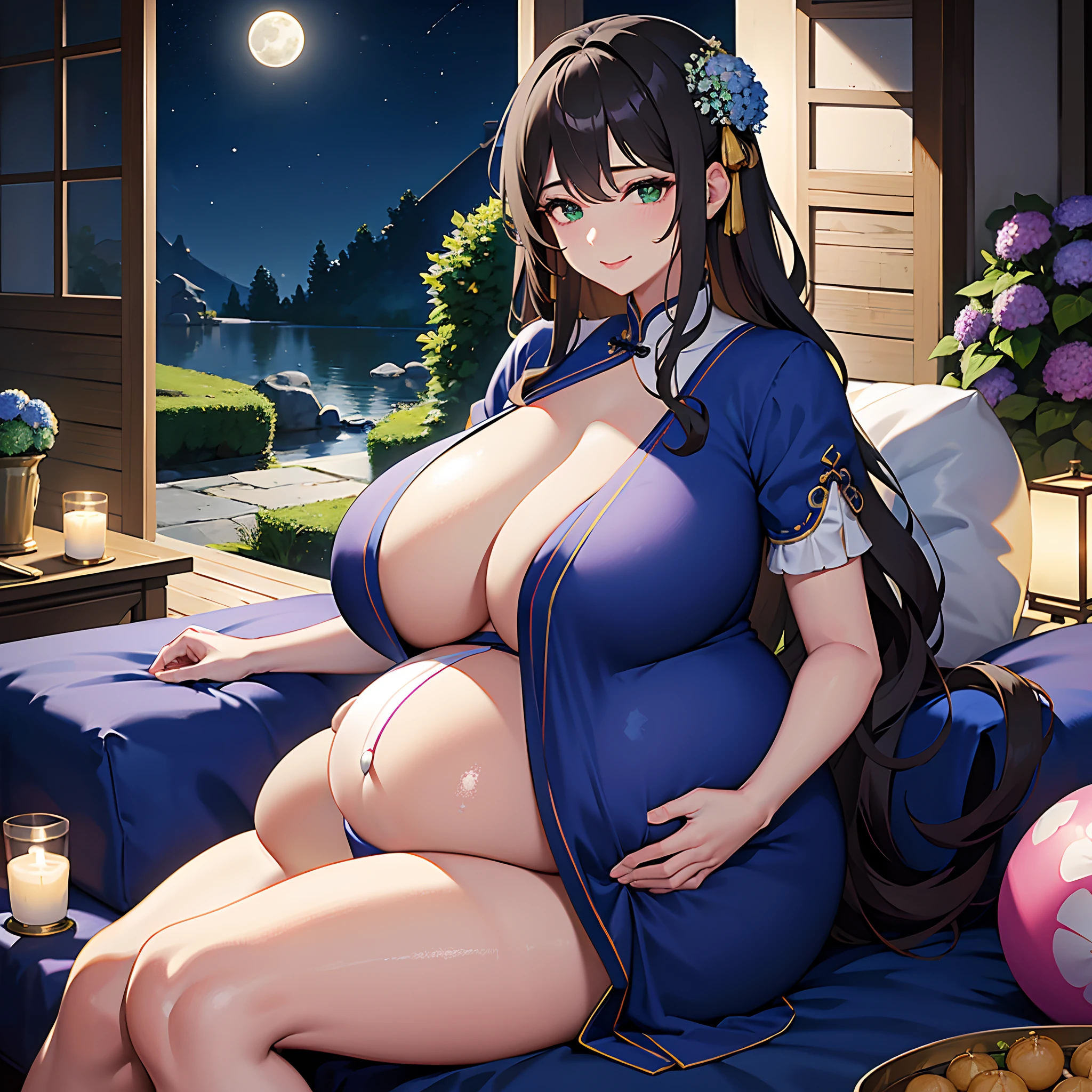 Masterpiece, Best quality, Night, full moon, 1 girl, Mature woman, Chinese style, Ancient China, The beautiful man looked at her pregnant belly and smiled, Big Bump pregnant, Bigboobs, Nippur,Big black balloon big pregnant belly, Big Pregnant girl, Largest Belly of Pregnant, Huge Pregnancy, Huge 60 months gestational belly,Brown hair, Princess cut, Single strips of fried dough twisted braid, Coiled hair, Double ball head, Light pink lips, calm, Intellectual, mid hair, green pupills, Hairpin, hydrangea,