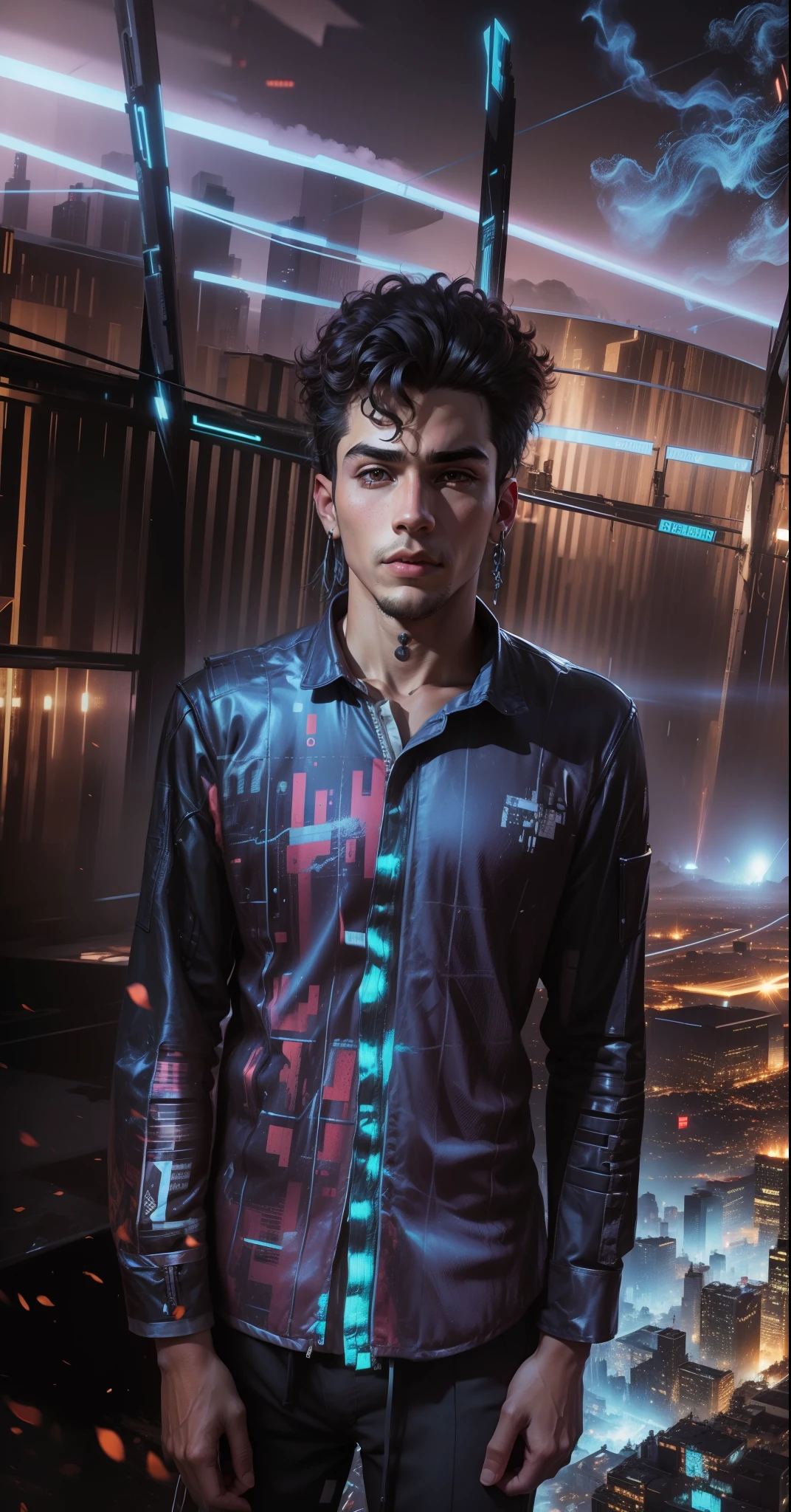Change background cyberpunk handsome boy,realistic face,8k,ultra realistic,big and curly hair,big chest,jawline