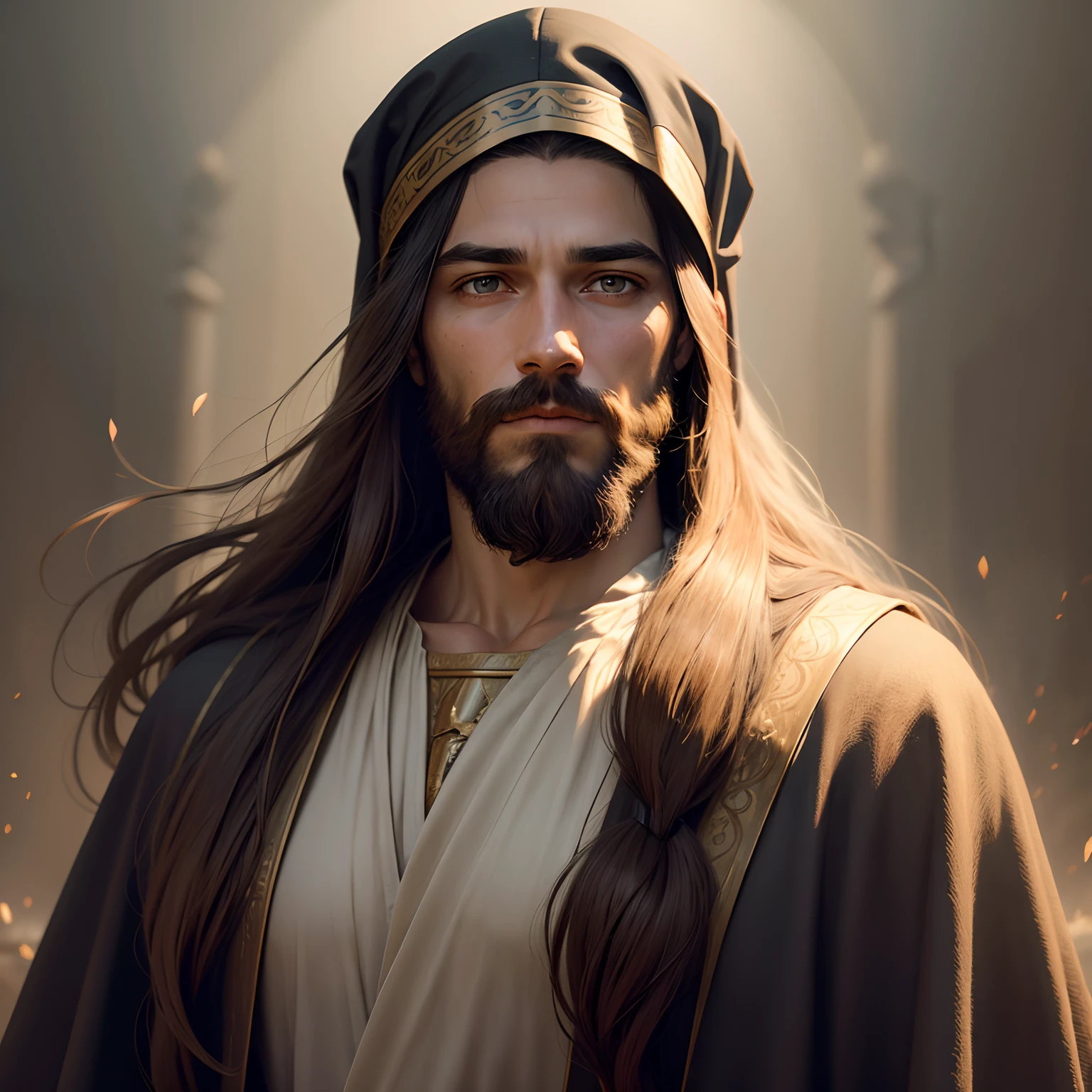 Realistic image of Jesus Christ, with cloak on his head, serene look, with beard and mustache, long hair, light eyes